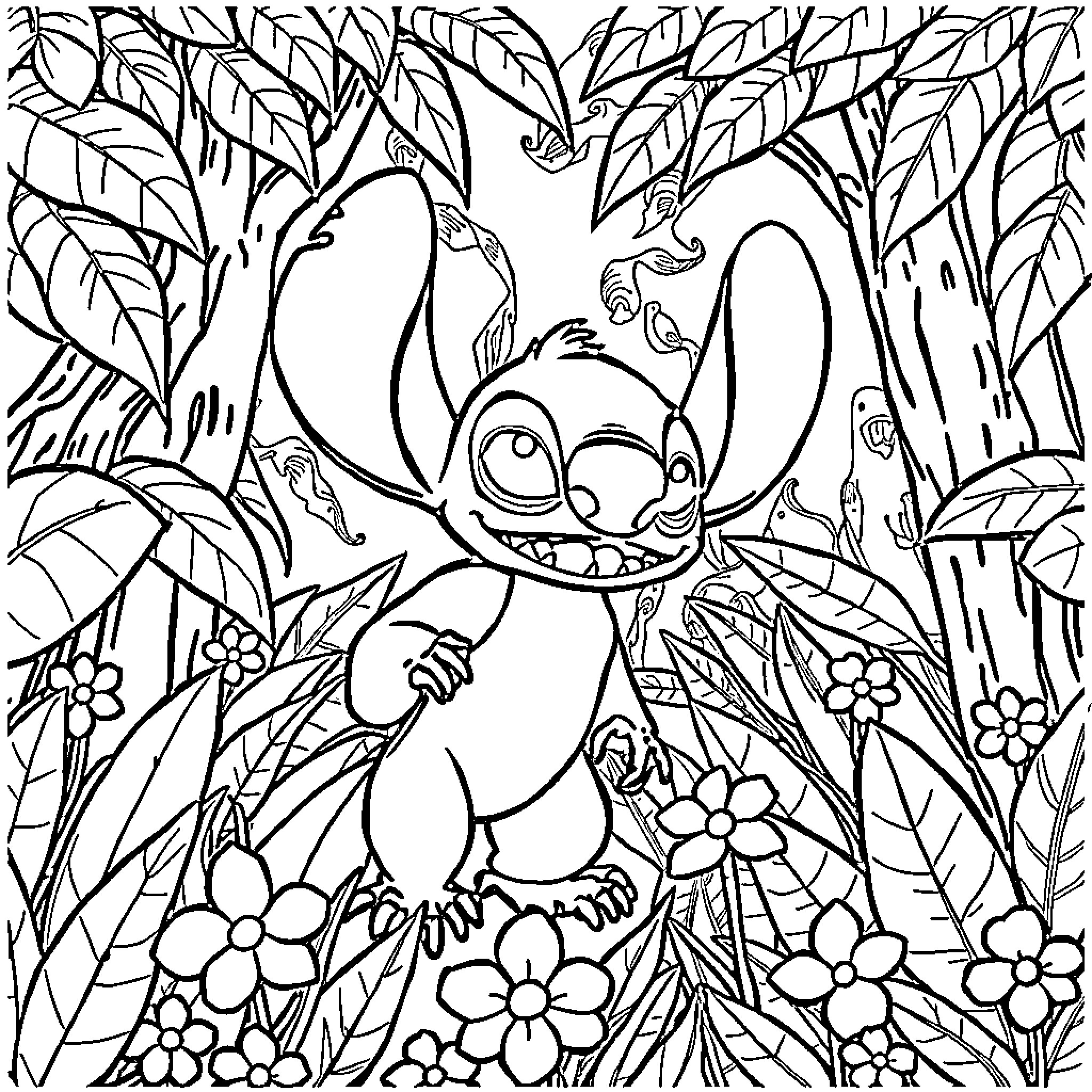 Pat Patrol: Stitch exploring the lush, tropical jungle Coloring Page (free black-and-white line drawing printable PDF for all, from beginners to advanced learners, including children, teens, adults, and seniors)