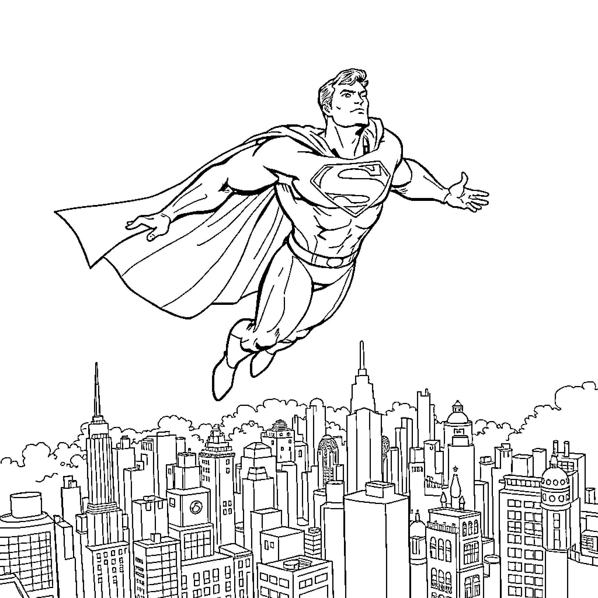 Superman flying heroically over a cityscape Coloring Page (free black-and-white line drawing printable PDF for all, from beginners to advanced learners, including children, teens, adults, and seniors)