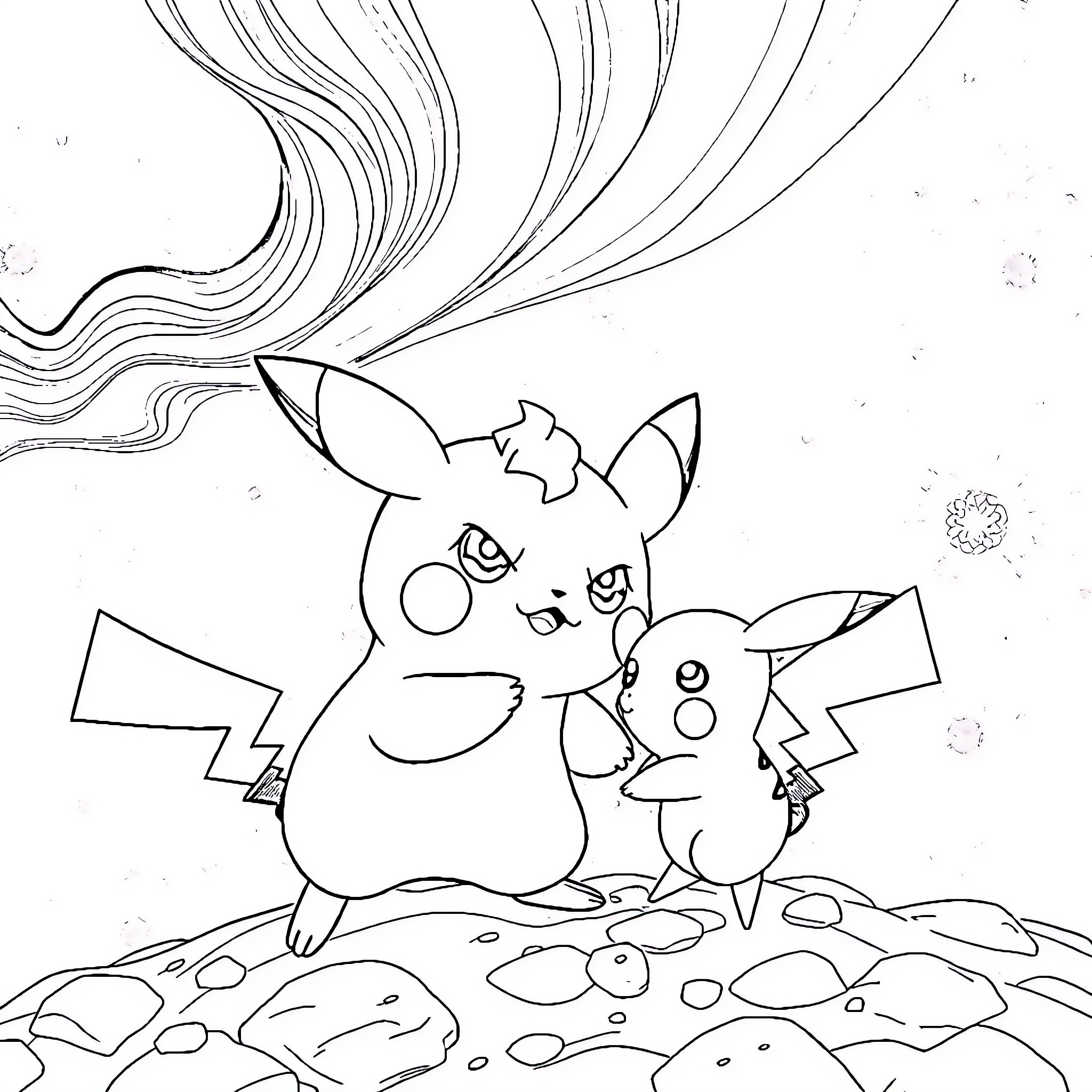 Labubu's Playful Pokemon Adventure Coloring Page (free black-and-white line drawing printable PDF for all, from beginners to advanced learners, including children, teens, adults, and seniors)