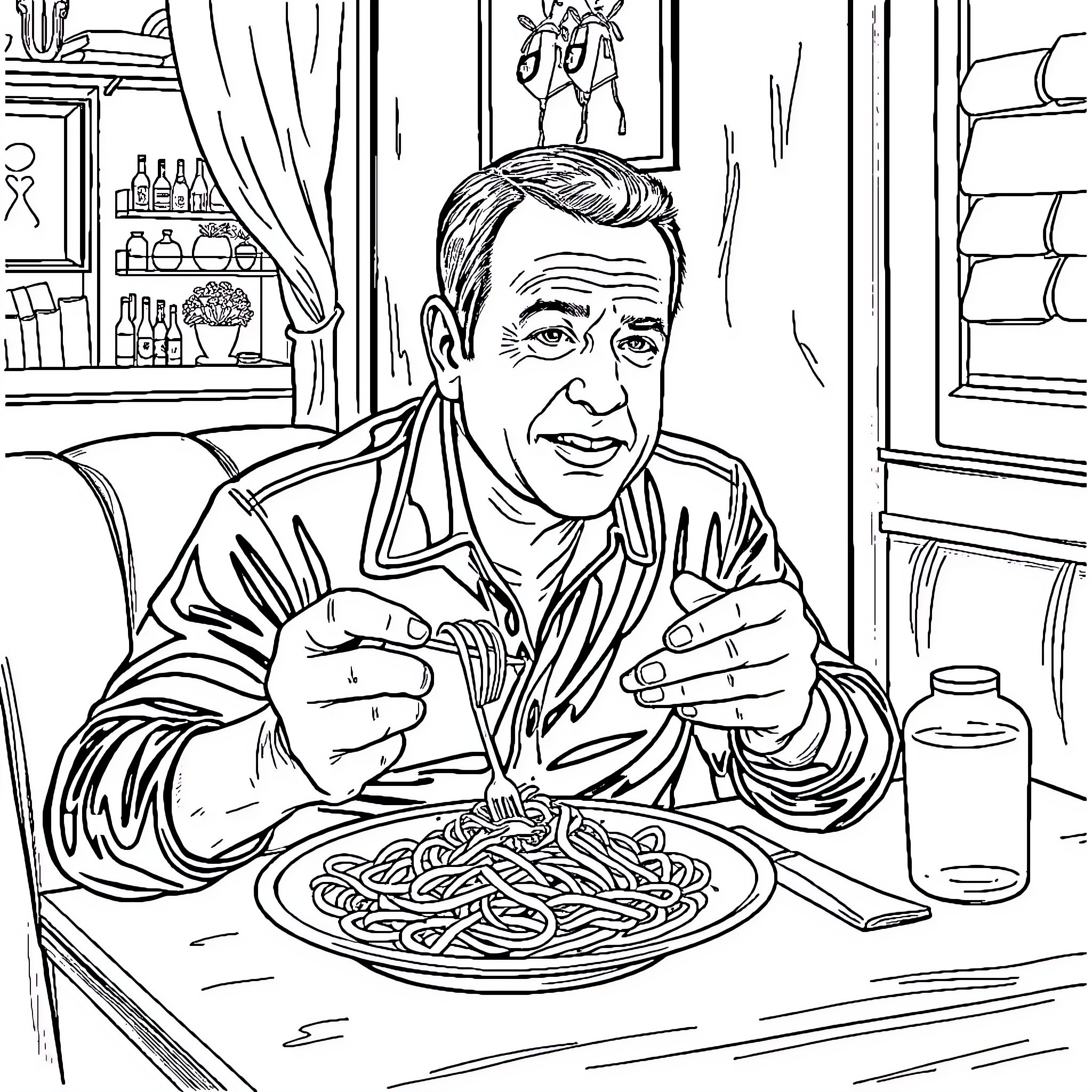 Billy Joel enjoying a delicious meal at a restaurant Coloring Page (free black-and-white line drawing printable PDF for all, from beginners to advanced learners, including children, teens, adults, and seniors)