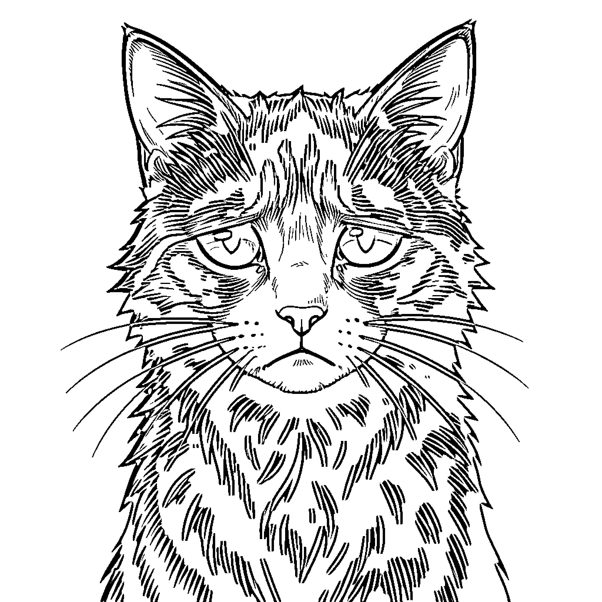 Cat with detailed facial features Coloring Page (free black-and-white line drawing printable PDF for all, from beginners to advanced learners, including children, teens, adults, and seniors)