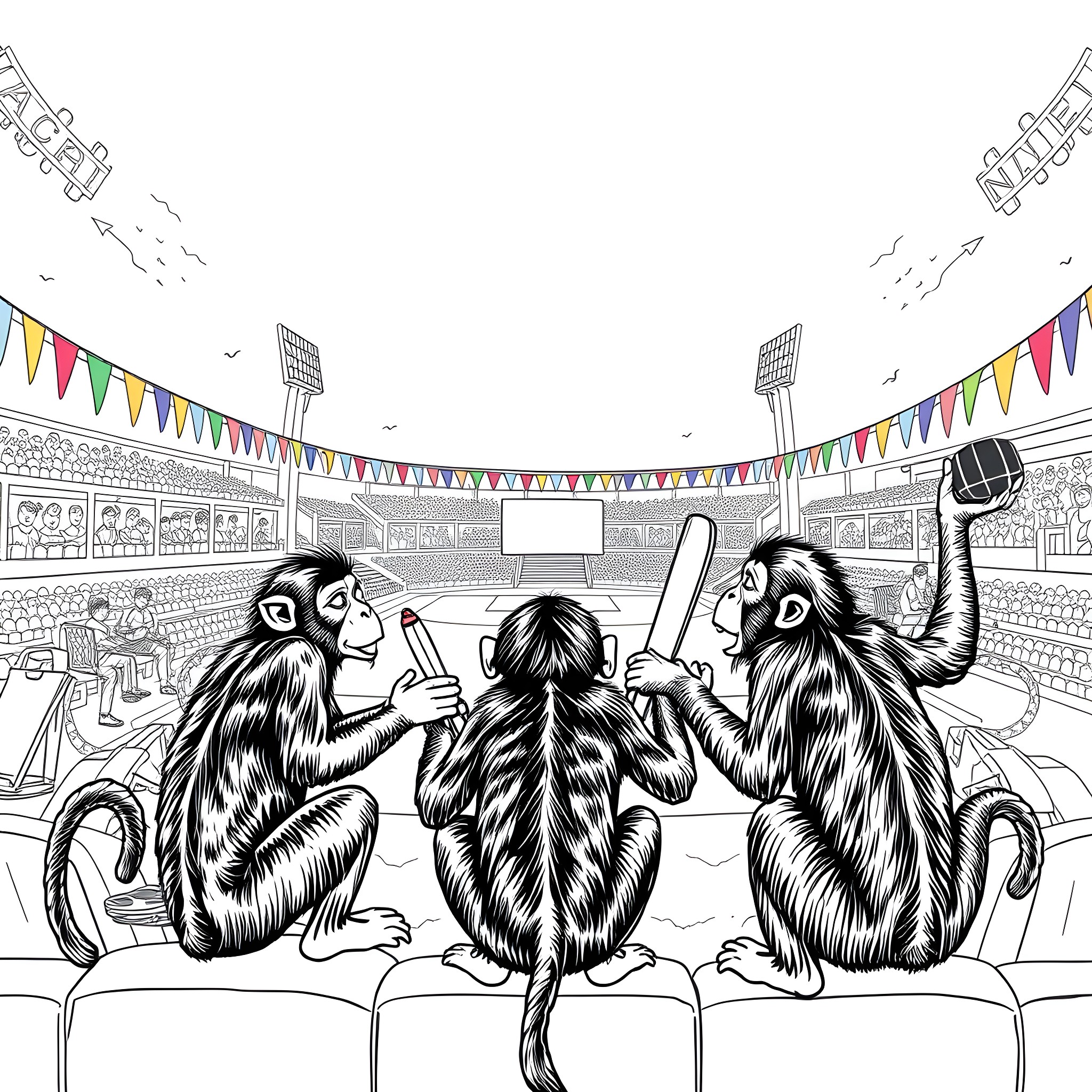 Monkeys watching a sports game in the stadium Coloring Page (free black-and-white line drawing printable PDF for all, from beginners to advanced learners, including children, teens, adults, and seniors)