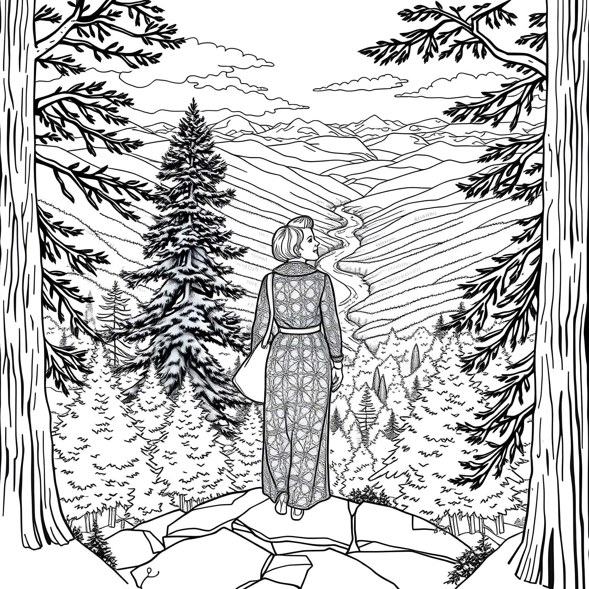 Bette Midler in a serene mountain landscape Coloring Page (free black-and-white line drawing printable PDF for all, from beginners to advanced learners, including children, teens, adults, and seniors)