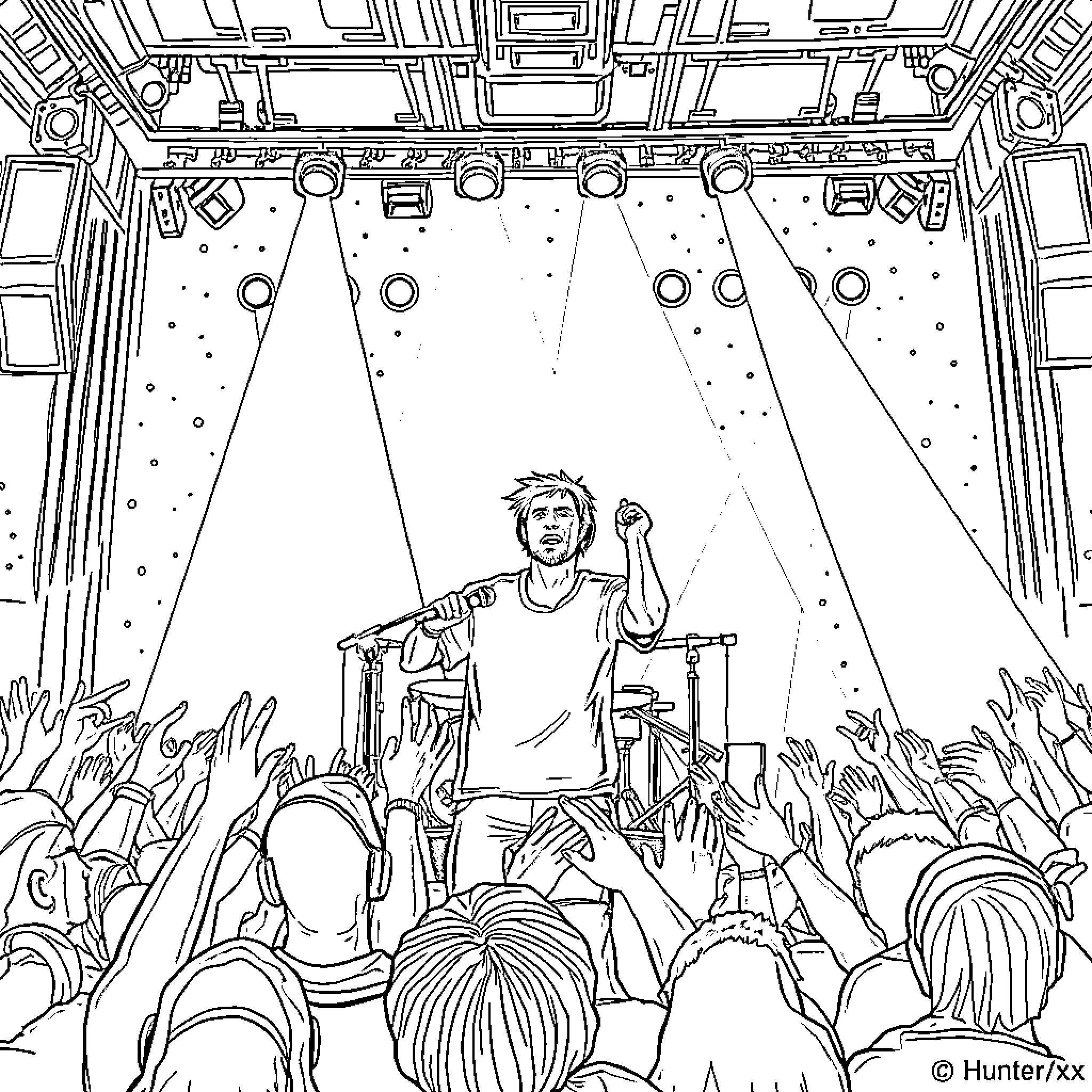 Hunter performing on stage before an enthusiastic crowd Coloring Page (free black-and-white line drawing printable PDF for all, from beginners to advanced learners, including children, teens, adults, and seniors)