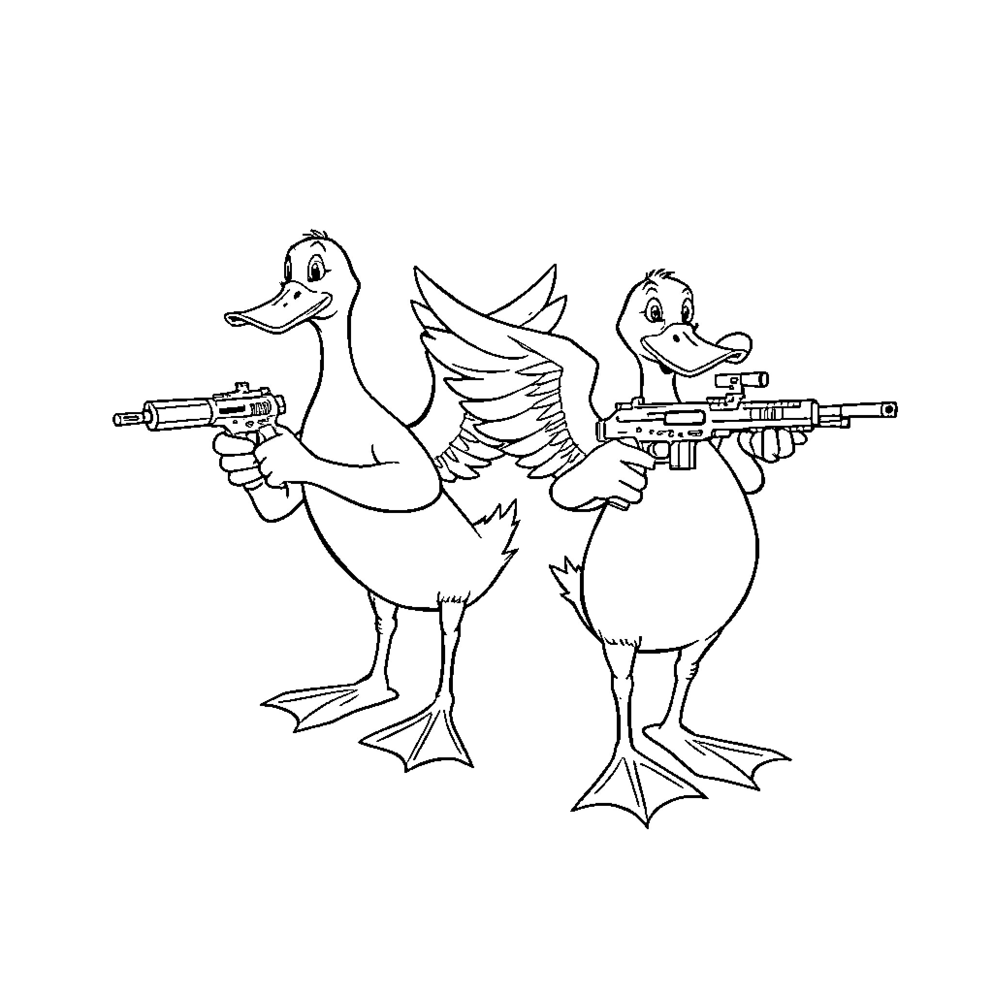 Duck Soldiers Wielding Firearms Coloring Page (free black-and-white line drawing printable PDF for all, from beginners to advanced learners, including children, teens, adults, and seniors)