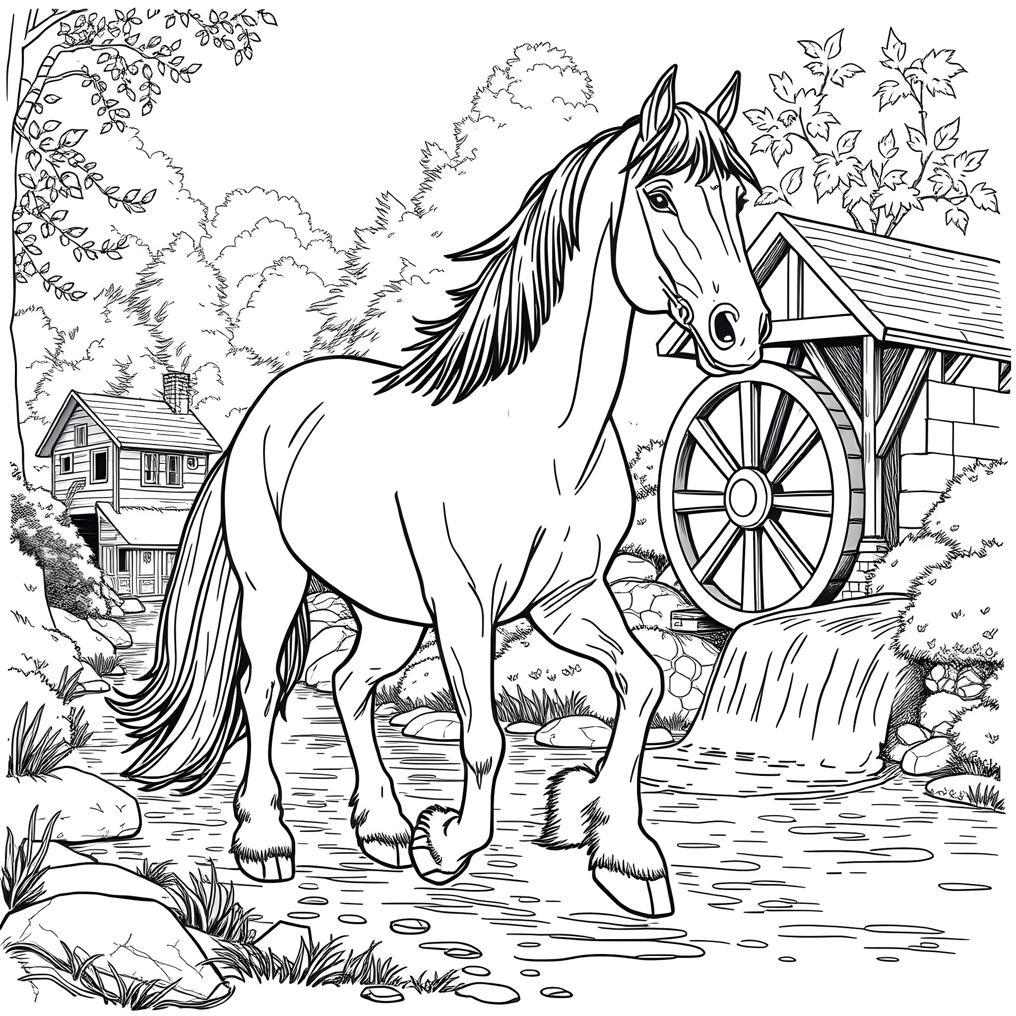 Clydesdale horse pulling wagon through pastoral scene Coloring Page (free black-and-white line drawing printable PDF for all, from beginners to advanced learners, including children, teens, adults, and seniors)