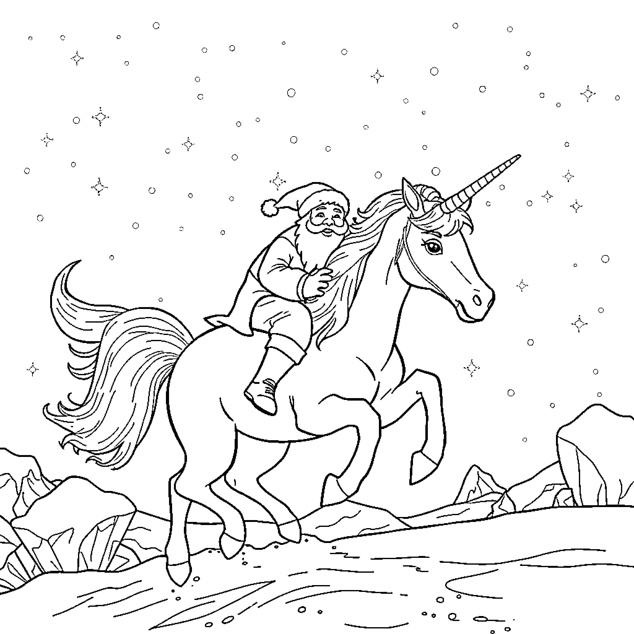 Santa riding a magical unicorn in a winter wonderland Coloring Page (free black-and-white line drawing printable PDF for all, from beginners to advanced learners, including children, teens, adults, and seniors)