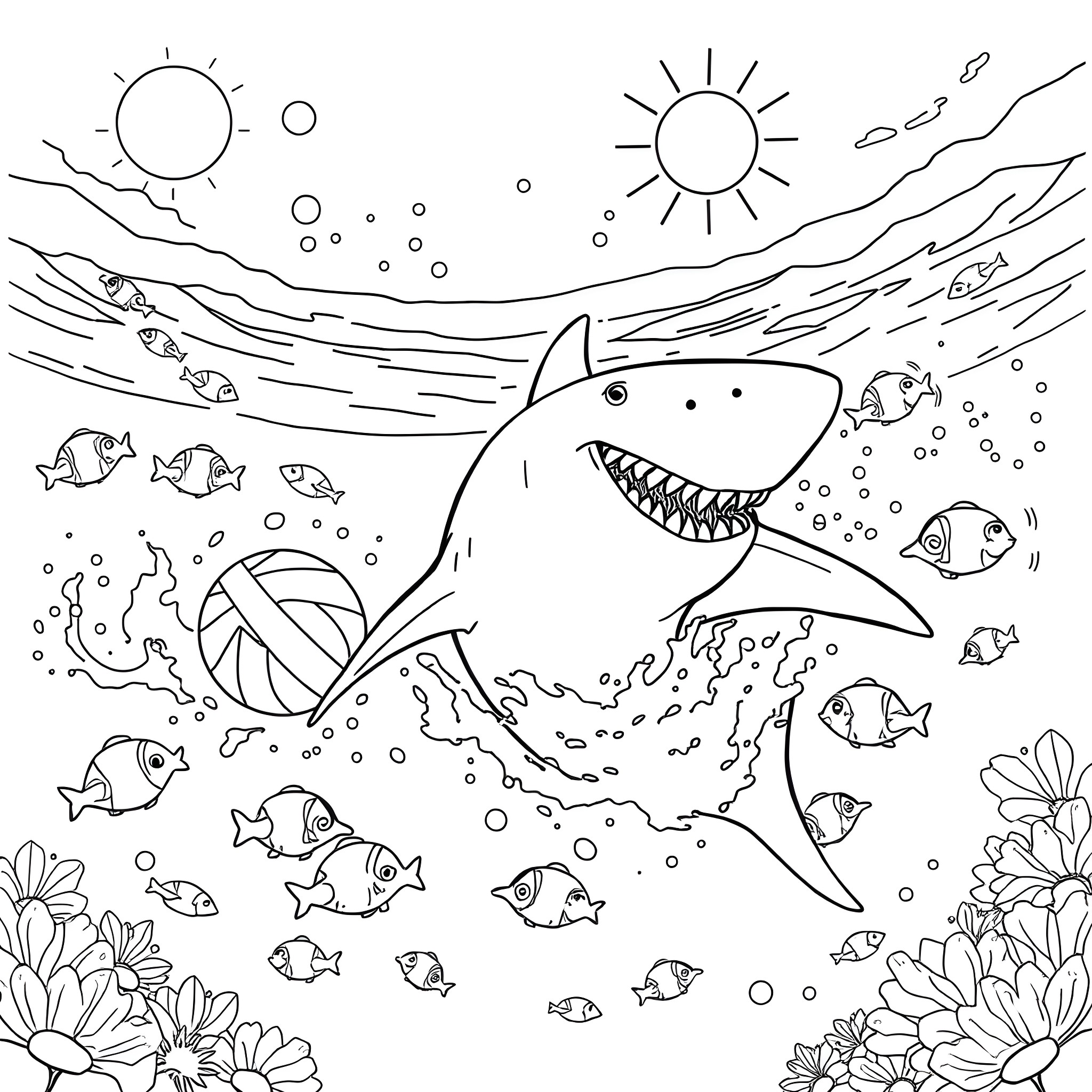 King Shark swimming with colorful fish in the ocean Coloring Page (free black-and-white line drawing printable PDF for all, from beginners to advanced learners, including children, teens, adults, and seniors)