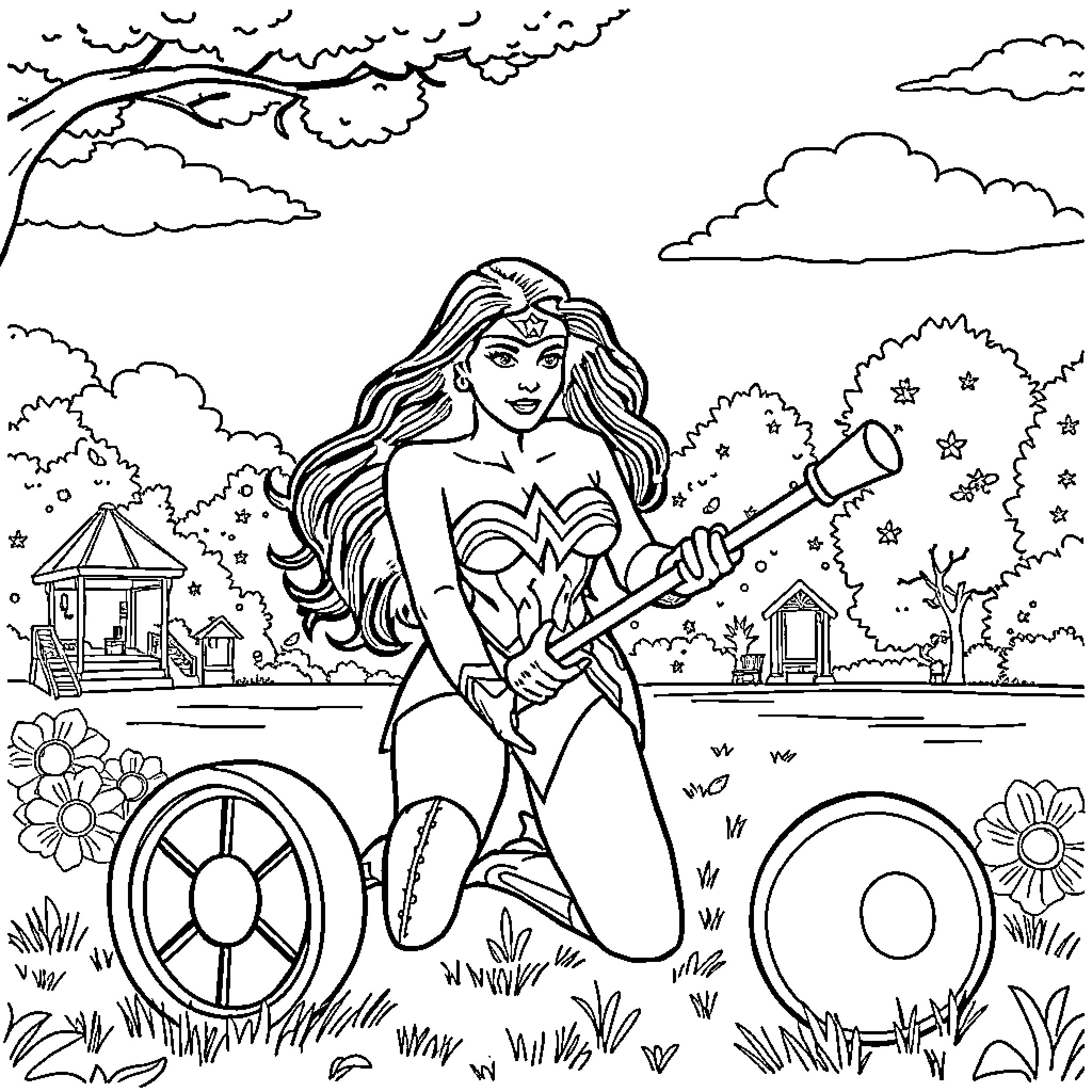 Wonder Woman fighting for justice in a magical garden Coloring Page (free black-and-white line drawing printable PDF for all, from beginners to advanced learners, including children, teens, adults, and seniors)