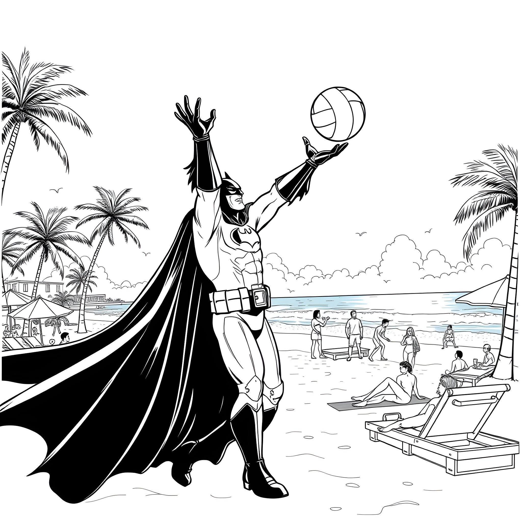 Batman playing beach volleyball on a tropical island Coloring Page (free black-and-white line drawing printable PDF for all, from beginners to advanced learners, including children, teens, adults, and seniors)