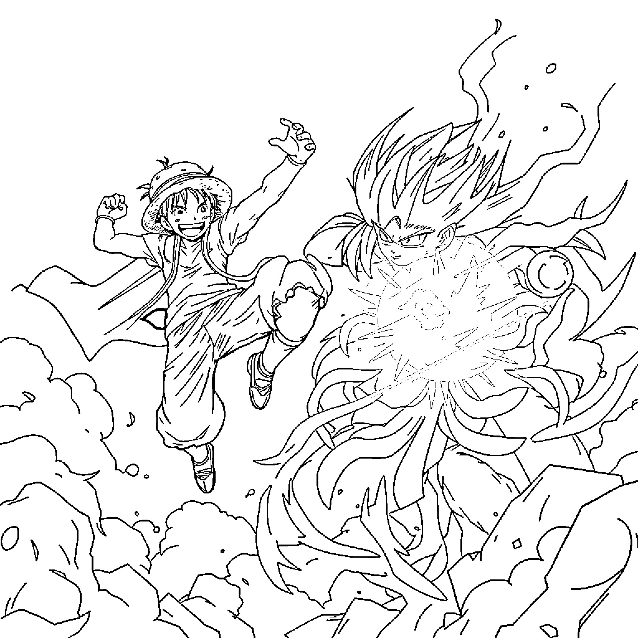 Luffy's Heroic Encounter with a Powerful Foe Coloring Page (free black-and-white line drawing printable PDF for all, from beginners to advanced learners, including children, teens, adults, and seniors)