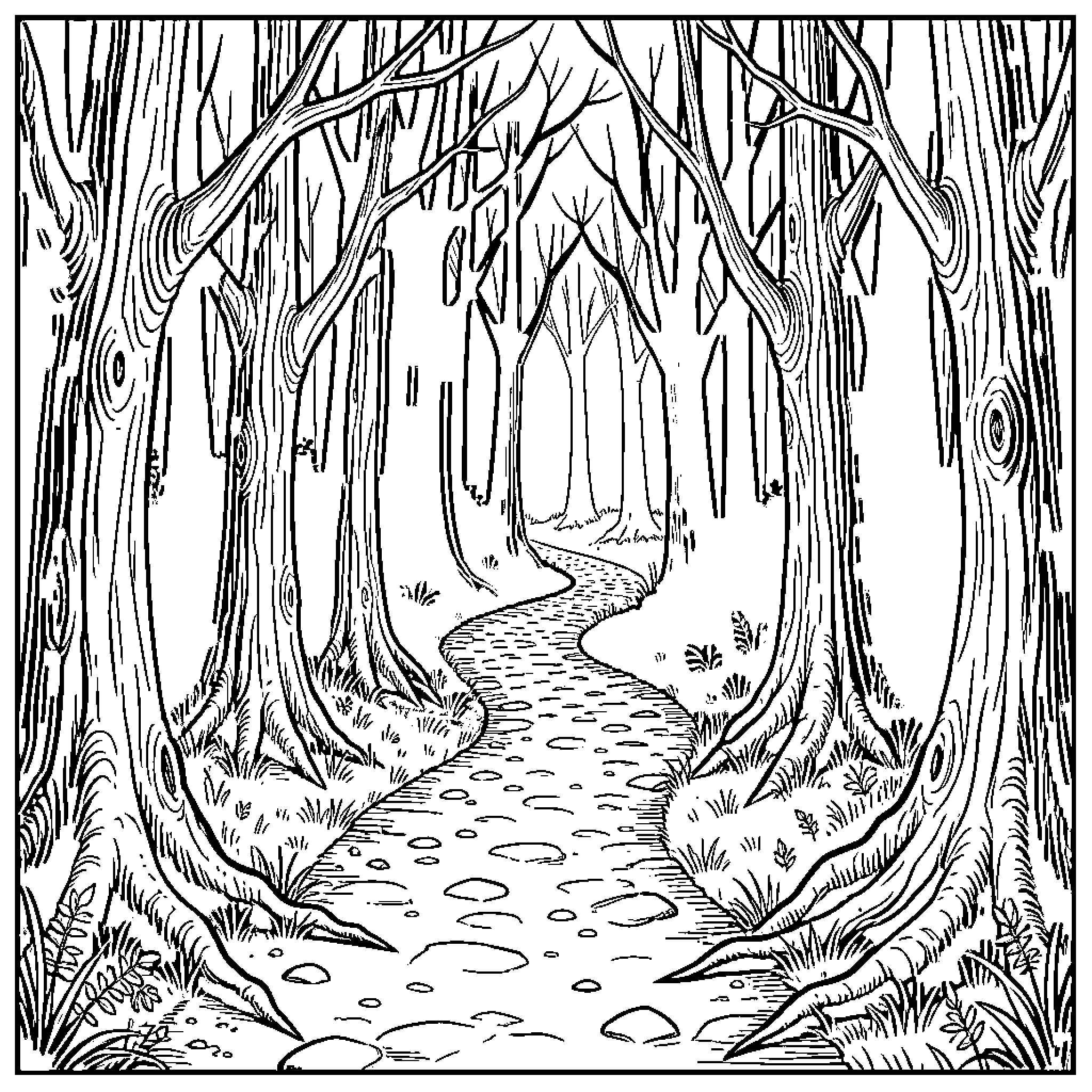 Mystery Path Through the Enchanted Forest Coloring Page (free black-and-white line drawing printable PDF for all, from beginners to advanced learners, including children, teens, adults, and seniors)