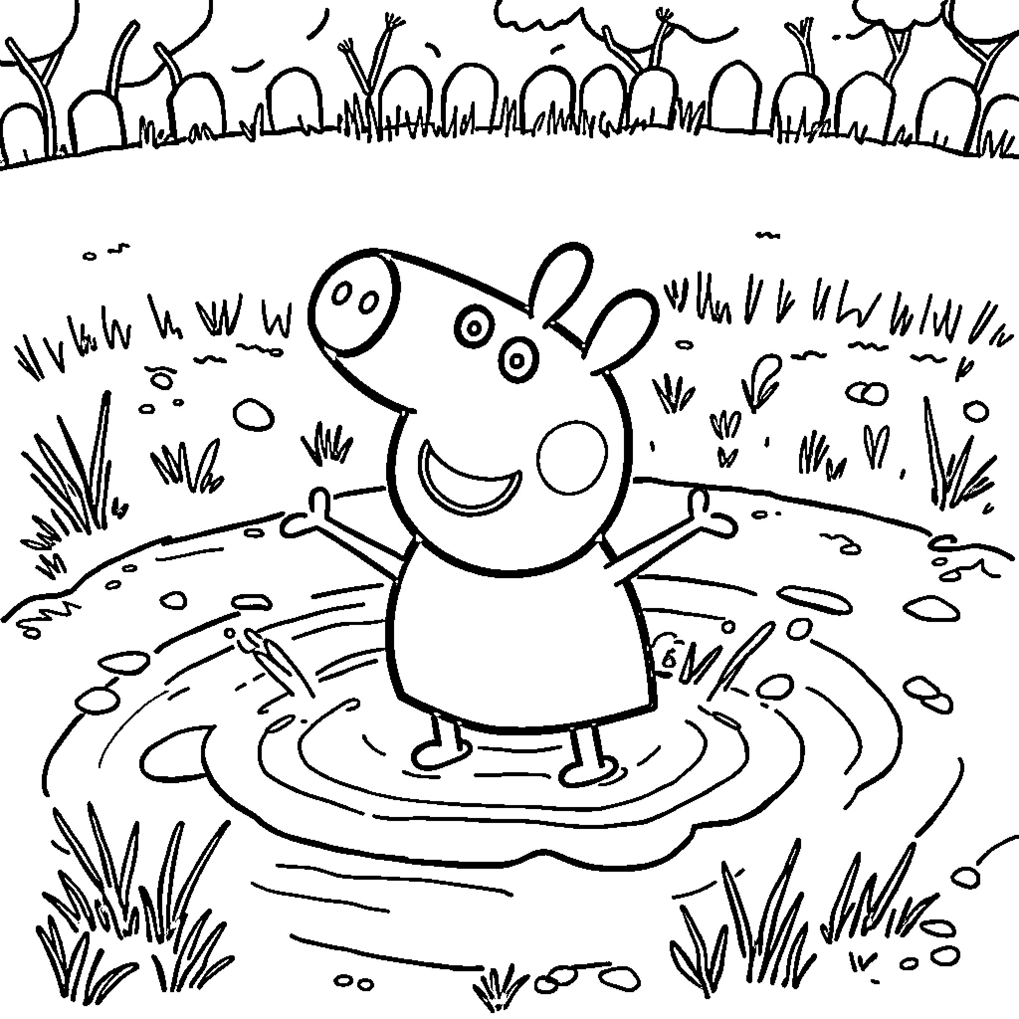 Peppa Pig having fun in the mud puddle Coloring Page (free black-and-white line drawing printable PDF for all, from beginners to advanced learners, including children, teens, adults, and seniors)