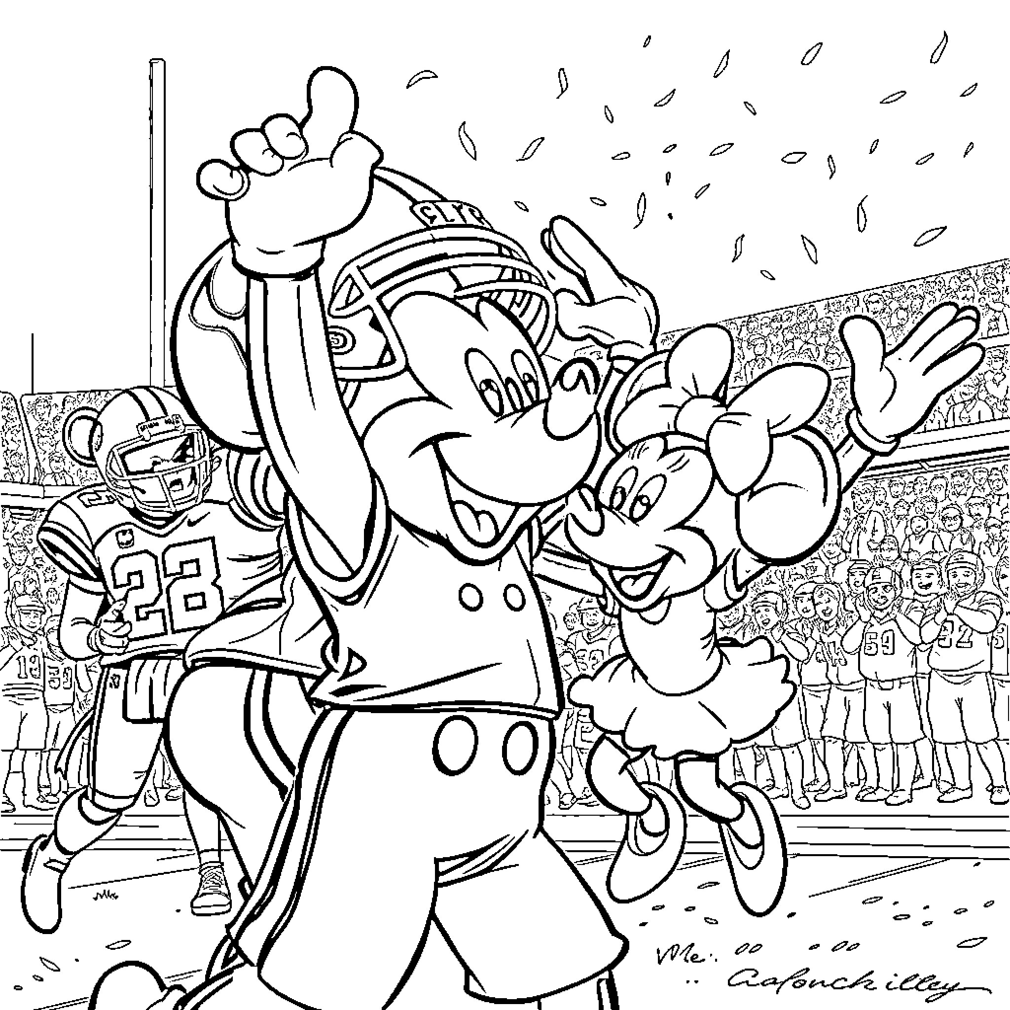 Football Players Celebrating with Cartoon Characters Coloring Page (free black-and-white line drawing printable PDF for all, from beginners to advanced learners, including children, teens, adults, and seniors)