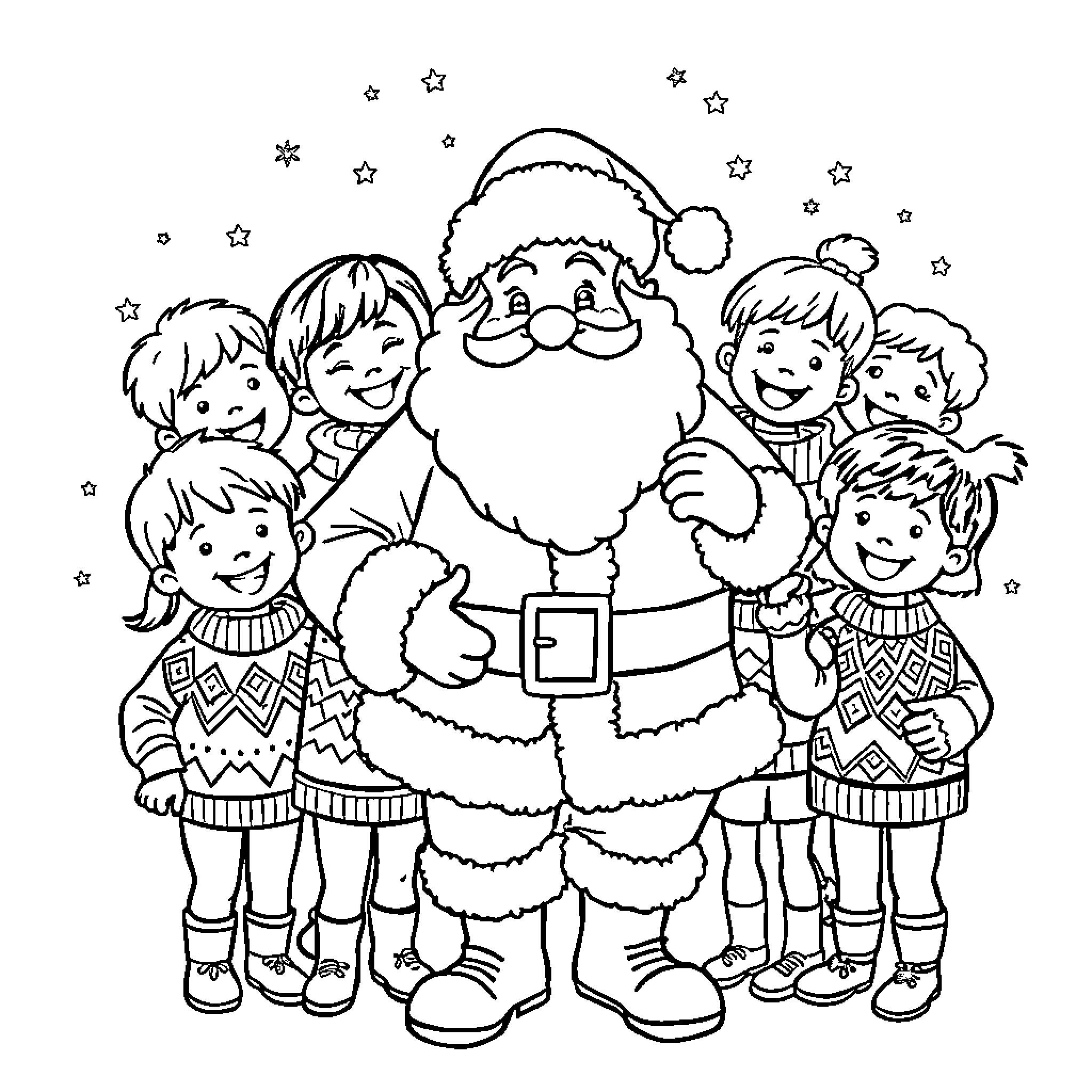 Santa surrounded by cheerful children in holiday outfits Coloring Page (free black-and-white line drawing printable PDF for all, from beginners to advanced learners, including children, teens, adults, and seniors)