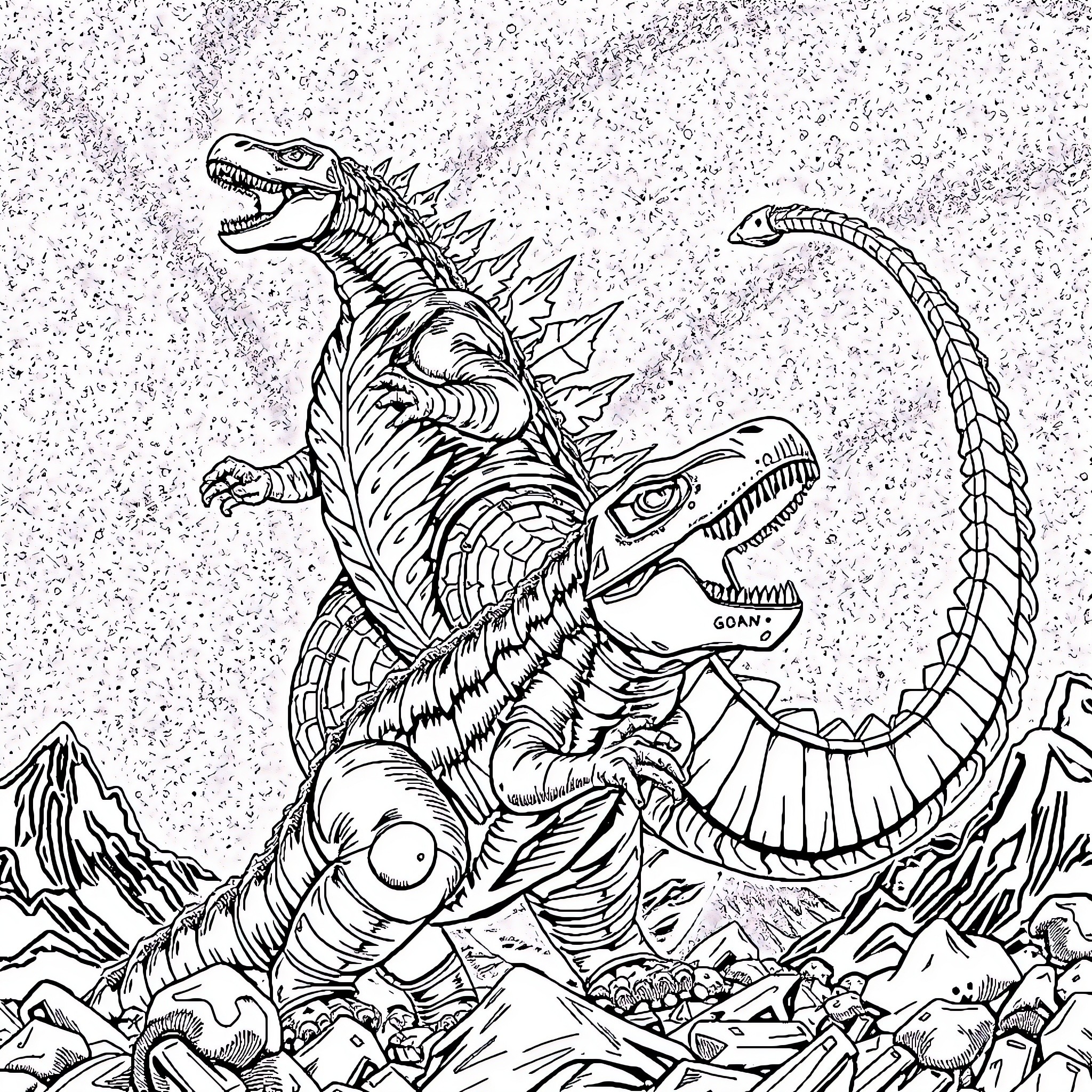 Godzilla rampages through a chaotic scene Coloring Page (free black-and-white line drawing printable PDF for all, from beginners to advanced learners, including children, teens, adults, and seniors)