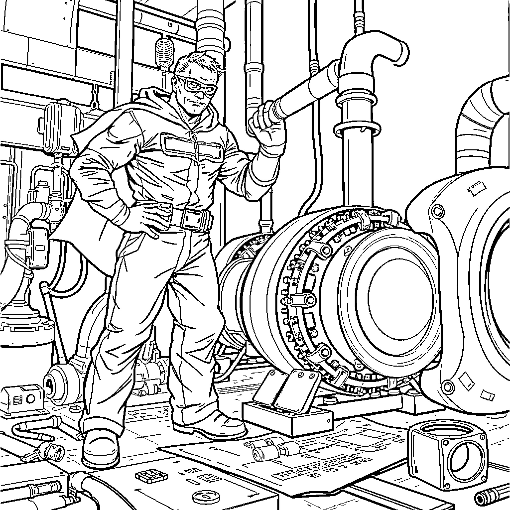 Superhero technician repairing futuristic machinery Coloring Page (free black-and-white line drawing printable PDF for all, from beginners to advanced learners, including children, teens, adults, and seniors)