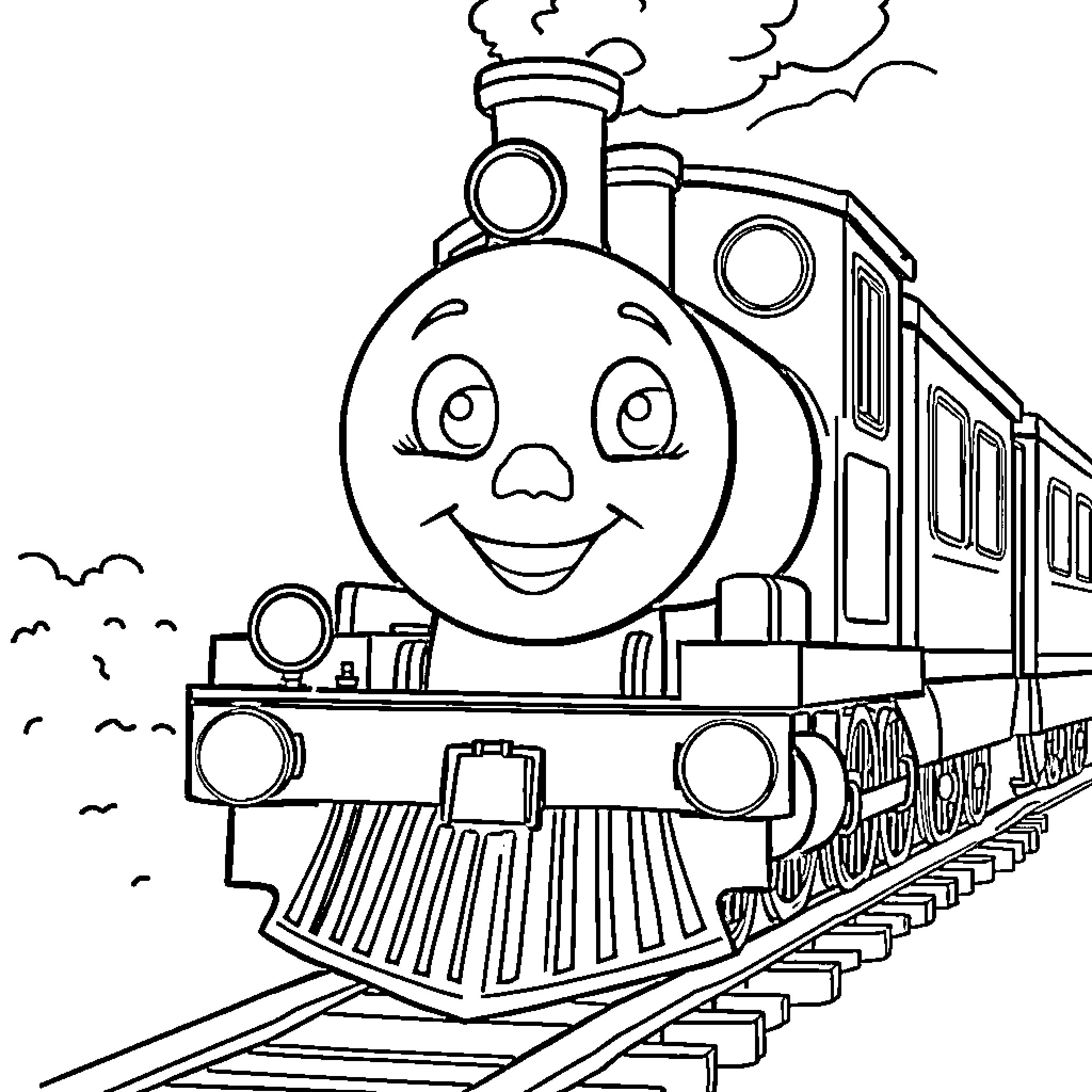 Train with Smiling Engine on Railway Tracks Coloring Page (free black-and-white line drawing printable PDF for all, from beginners to advanced learners, including children, teens, adults, and seniors)