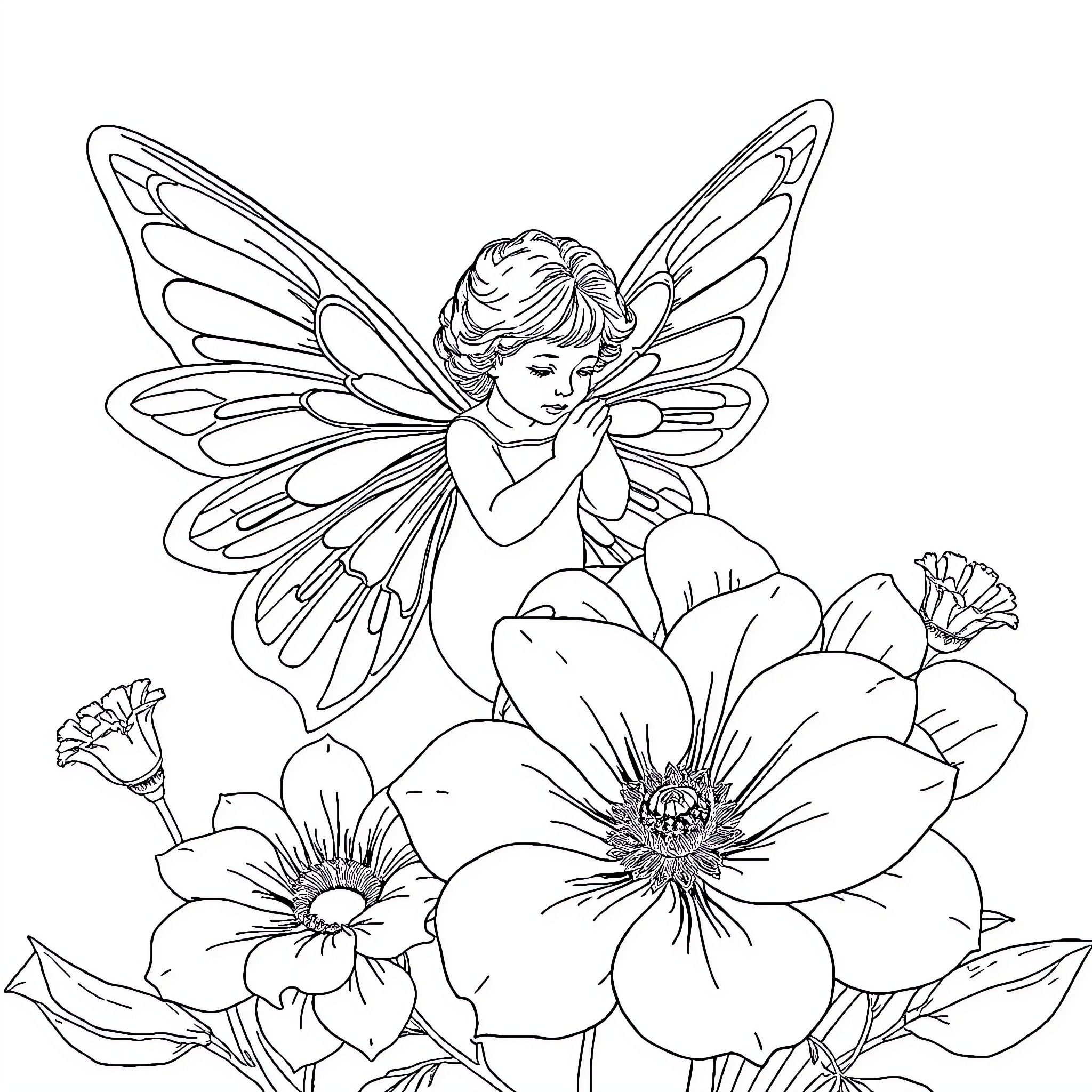 Angel Fairy Resting Among Flowers Coloring Page (free black-and-white line drawing printable PDF for all, from beginners to advanced learners, including children, teens, adults, and seniors)