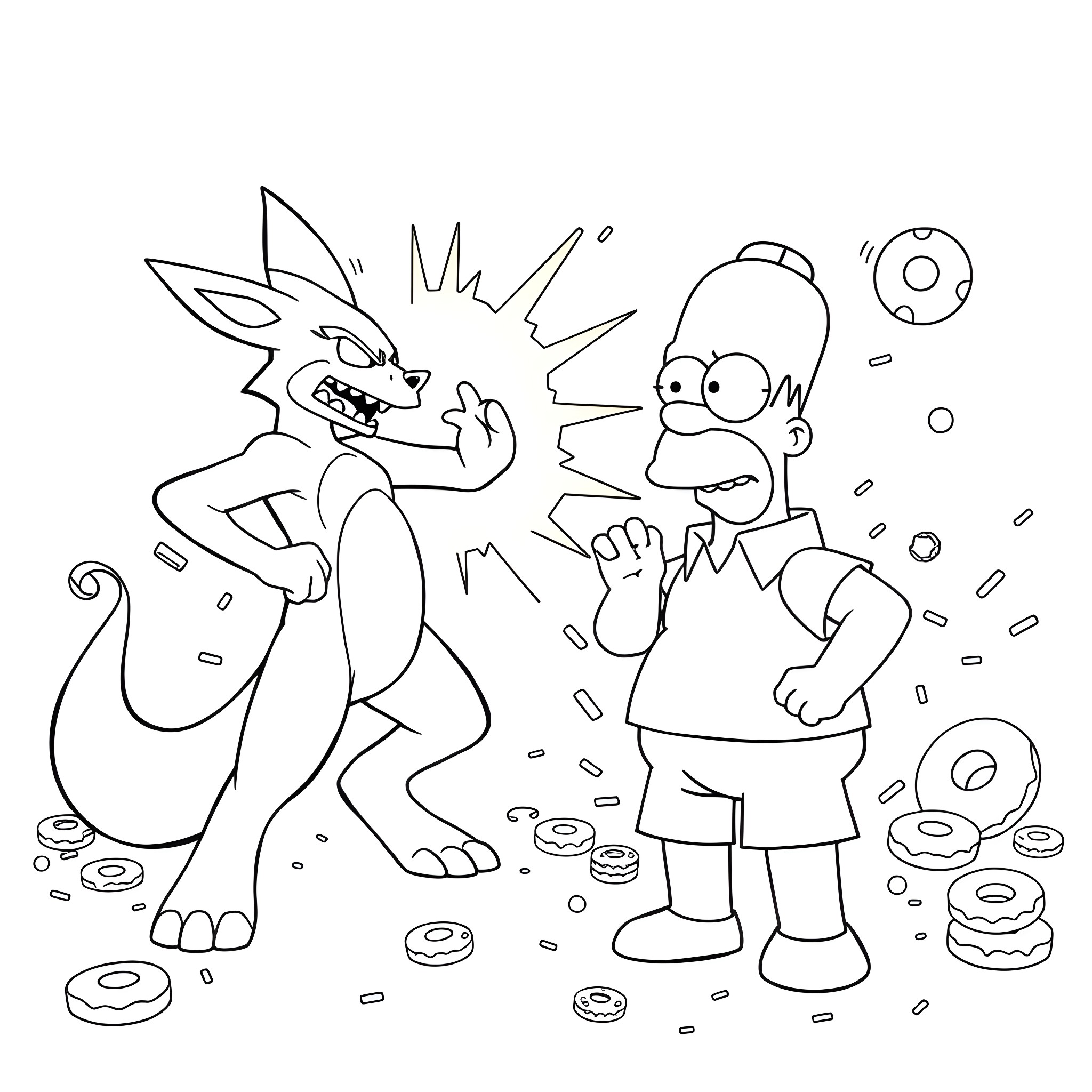 Lucario enjoying donuts with Homer Simpson Coloring Page (free black-and-white line drawing printable PDF for all, from beginners to advanced learners, including children, teens, adults, and seniors)