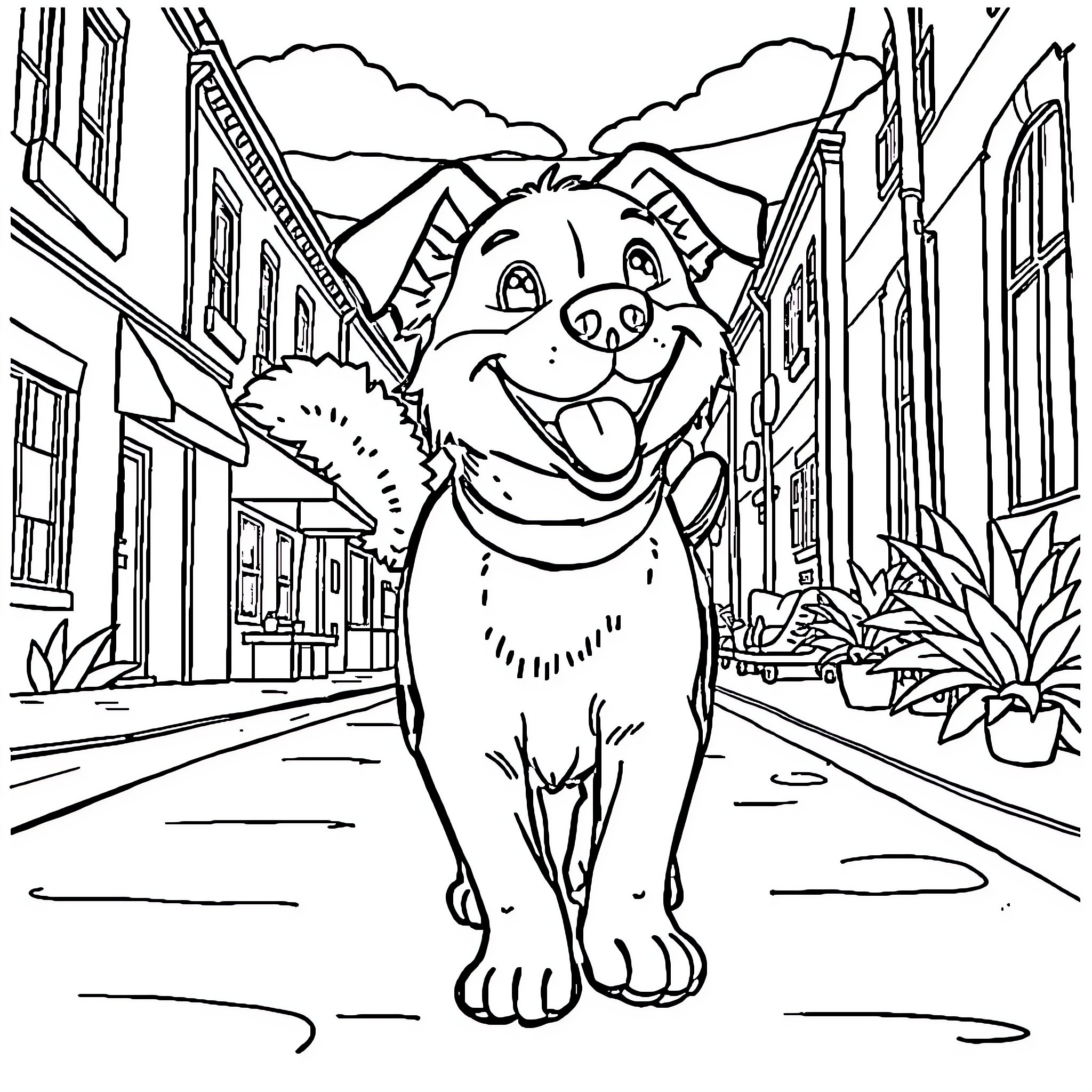 Dog exploring a lively city street Coloring Page (free black-and-white line drawing printable PDF for all, from beginners to advanced learners, including children, teens, adults, and seniors)