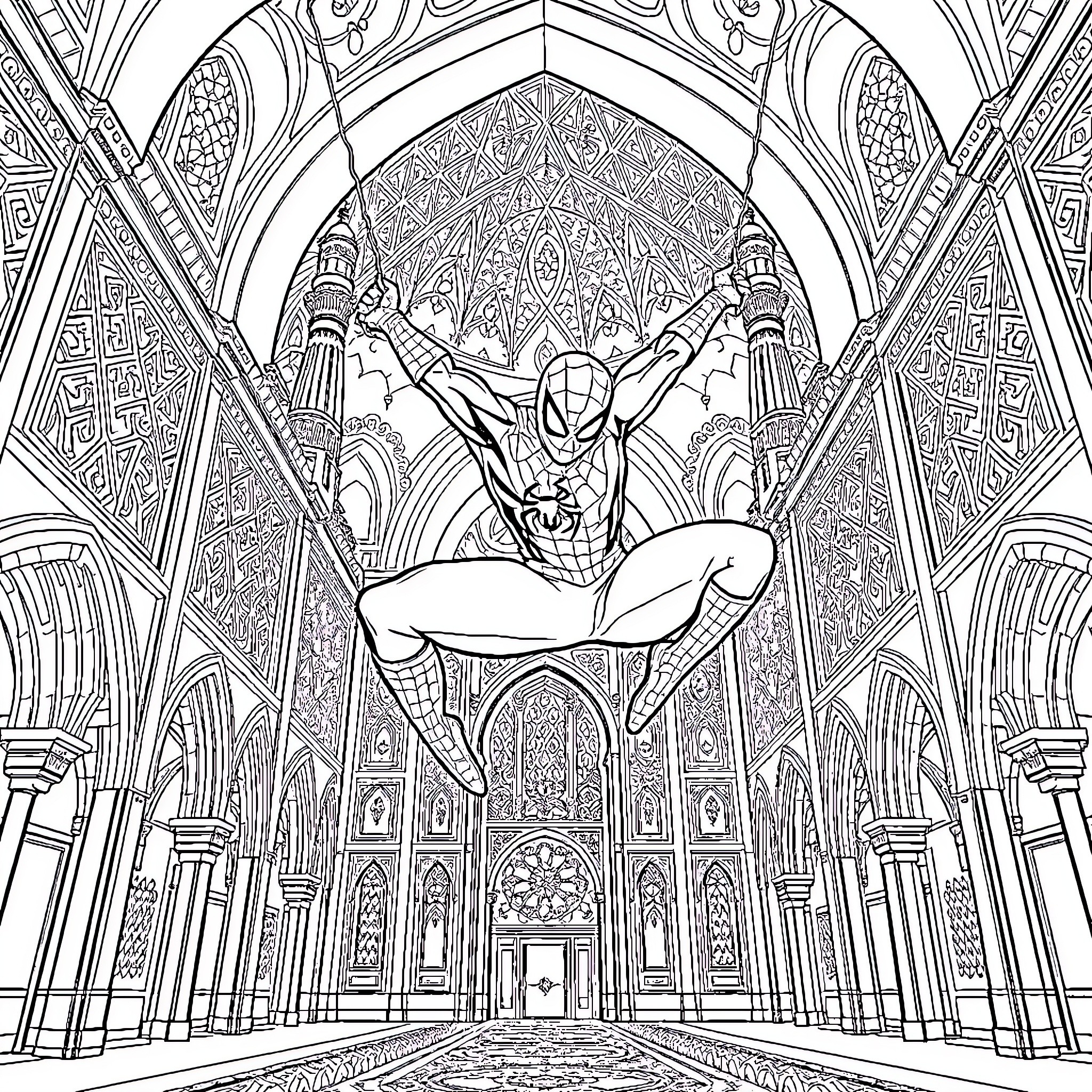 Spiderman Swinging Through Ornate Gothic Architecture Coloring Page (free black-and-white line drawing printable PDF for all, from beginners to advanced learners, including children, teens, adults, and seniors)