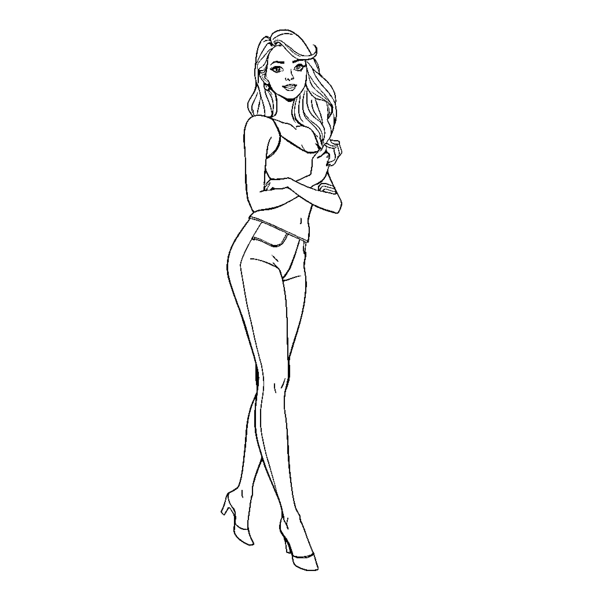 Woman posing confidently in athletic outfit Coloring Page (free black-and-white line drawing printable PDF for all, from beginners to advanced learners, including children, teens, adults, and seniors)