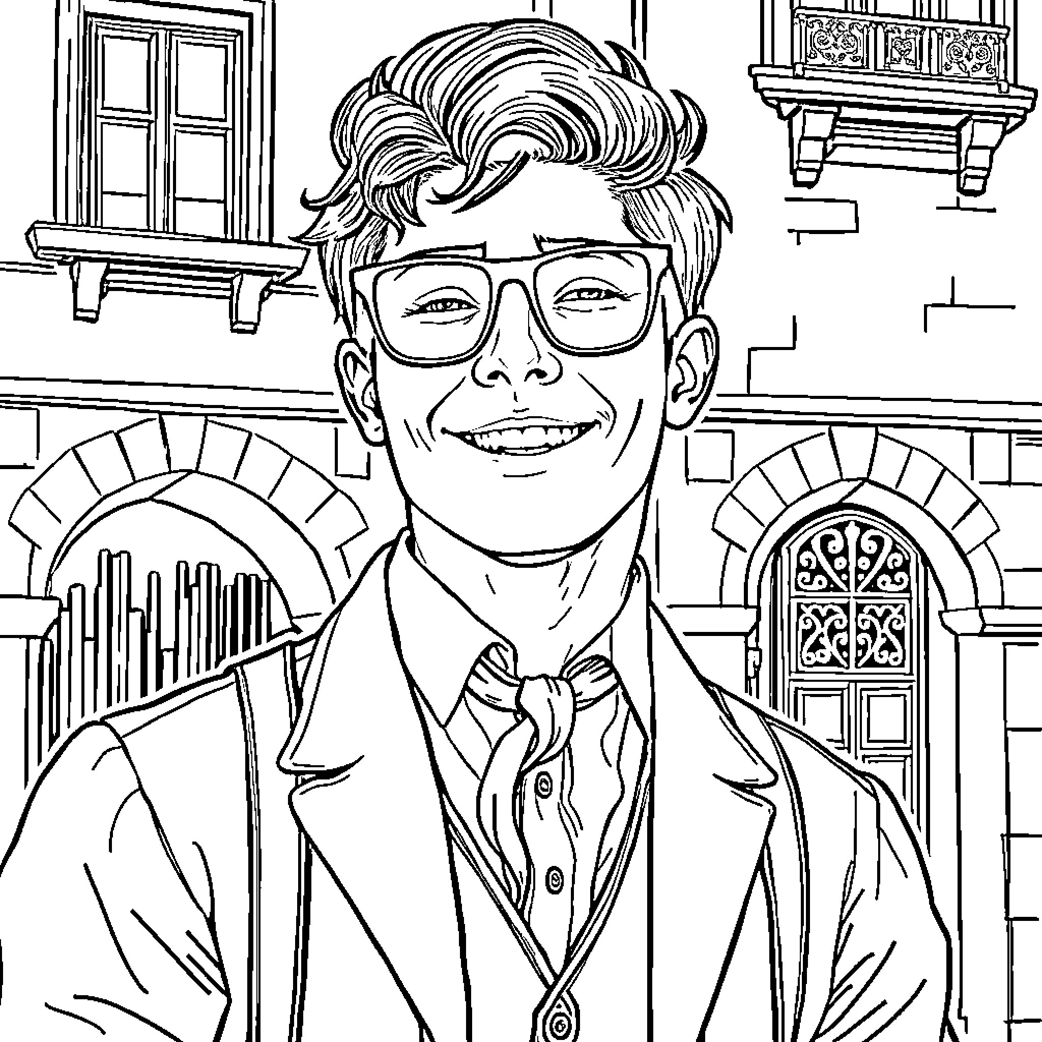 Young Man Smiling in Formal Attire Coloring Page (free black-and-white line drawing printable PDF for all, from beginners to advanced learners, including children, teens, adults, and seniors)