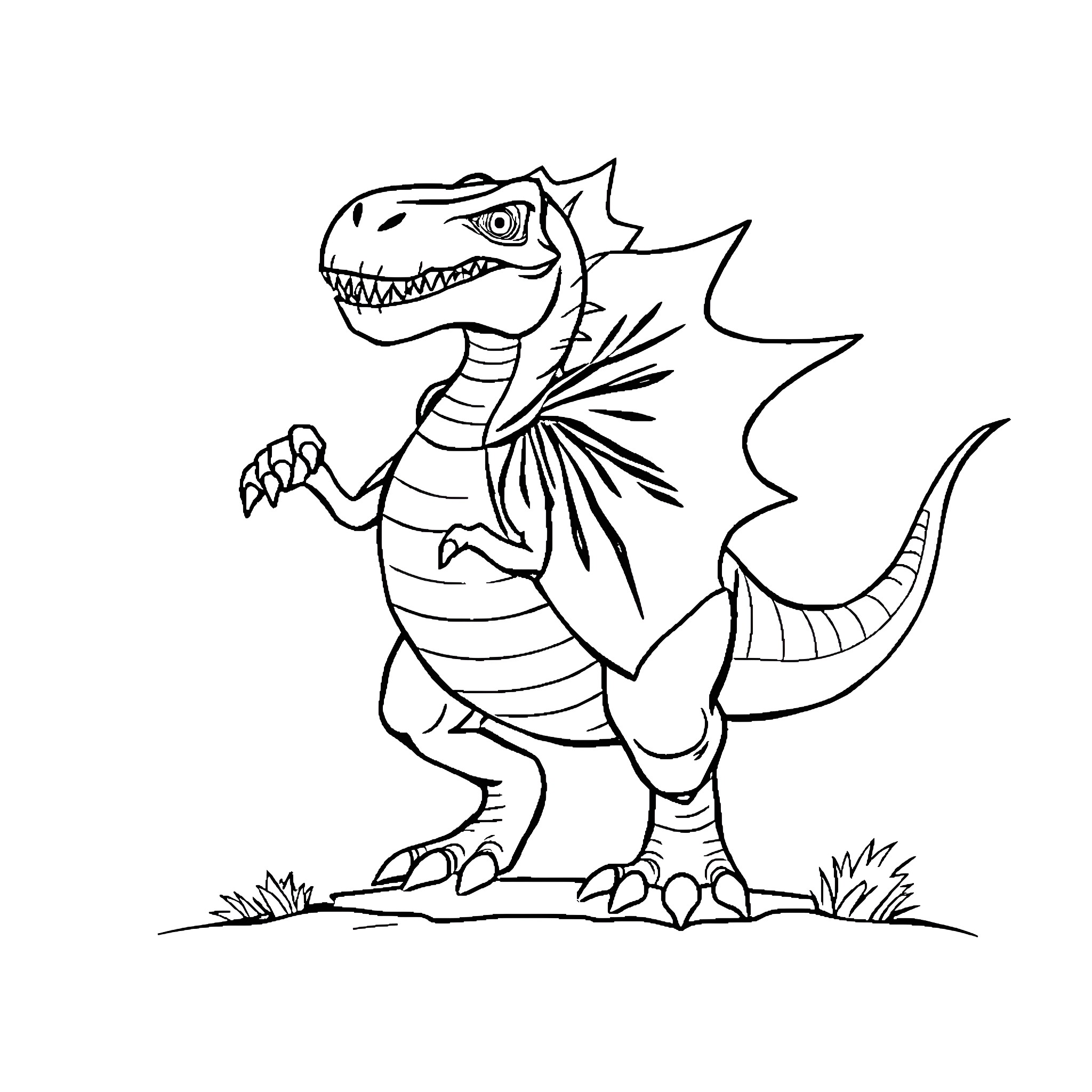 Dino creature stomping in the wild Coloring Page (free black-and-white line drawing printable PDF for all, from beginners to advanced learners, including children, teens, adults, and seniors)