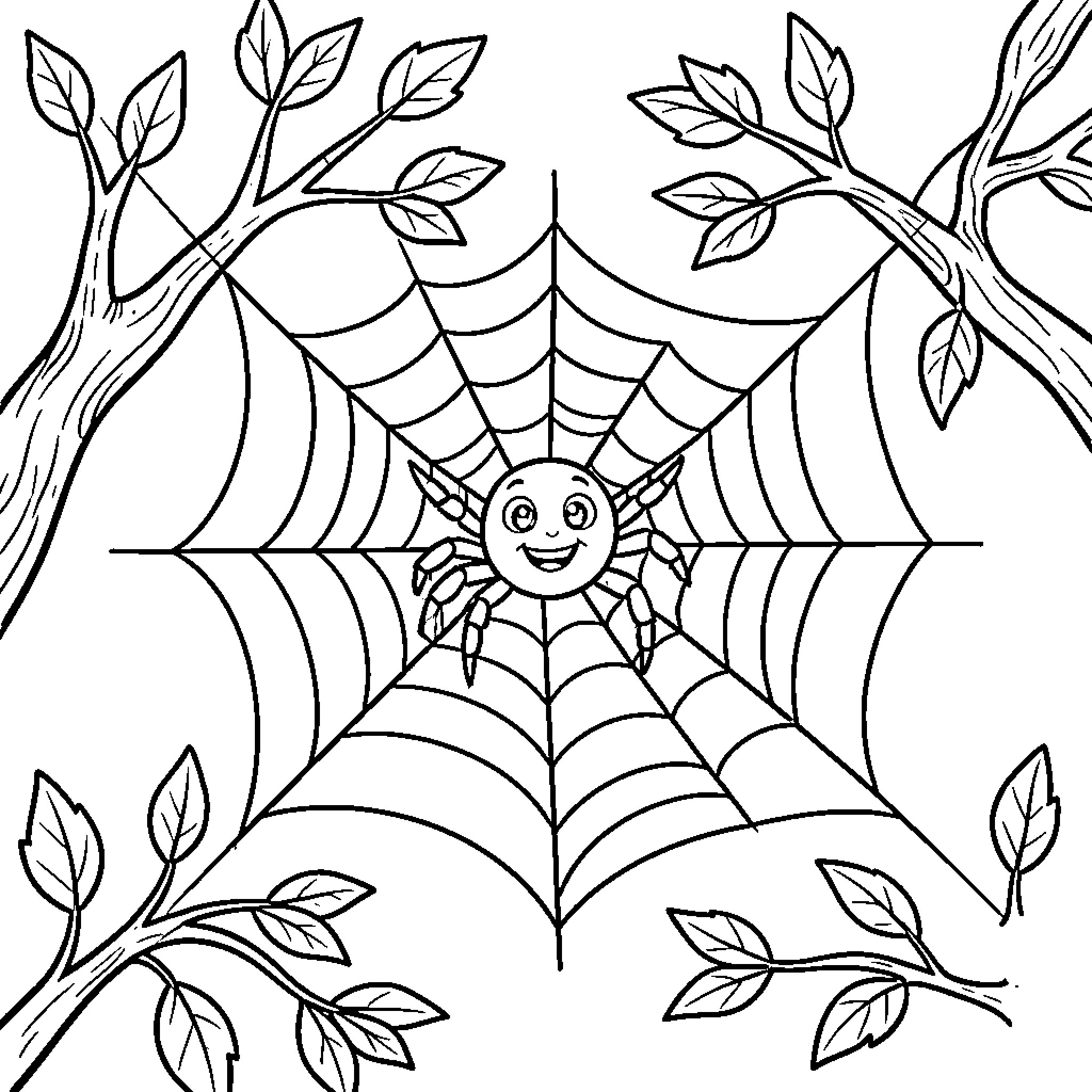Spider sitting happily in the center of a web Coloring Page (free black-and-white line drawing printable PDF for all, from beginners to advanced learners, including children, teens, adults, and seniors)