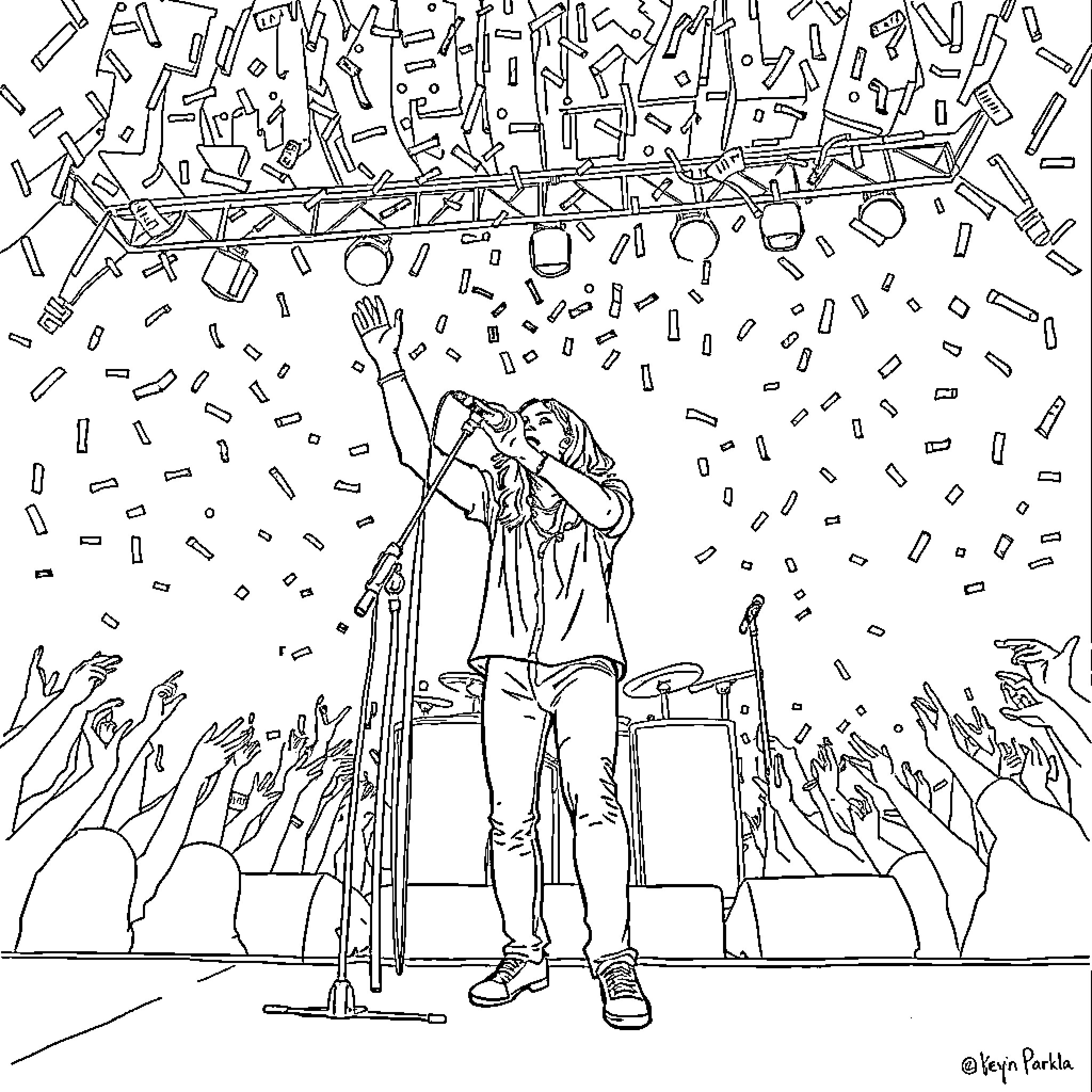 Kevin Parker performing on stage with crowd Coloring Page (free black-and-white line drawing printable PDF for all, from beginners to advanced learners, including children, teens, adults, and seniors)