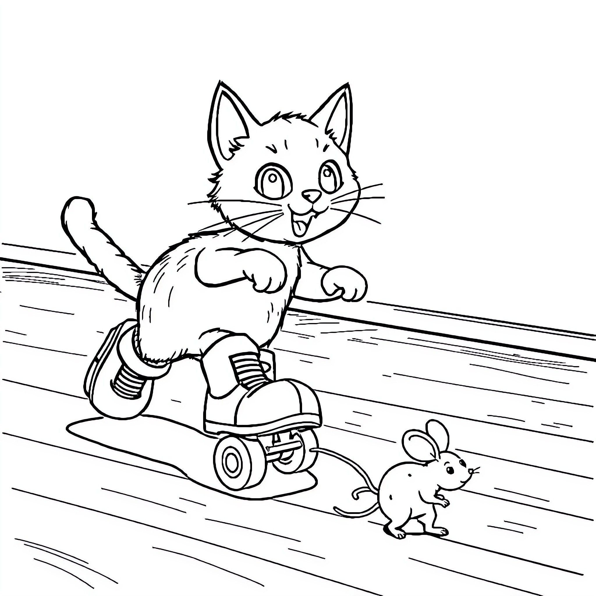 Cat riding skateboard chasing mouse Coloring Page (free black-and-white line drawing printable PDF for all, from beginners to advanced learners, including children, teens, adults, and seniors)