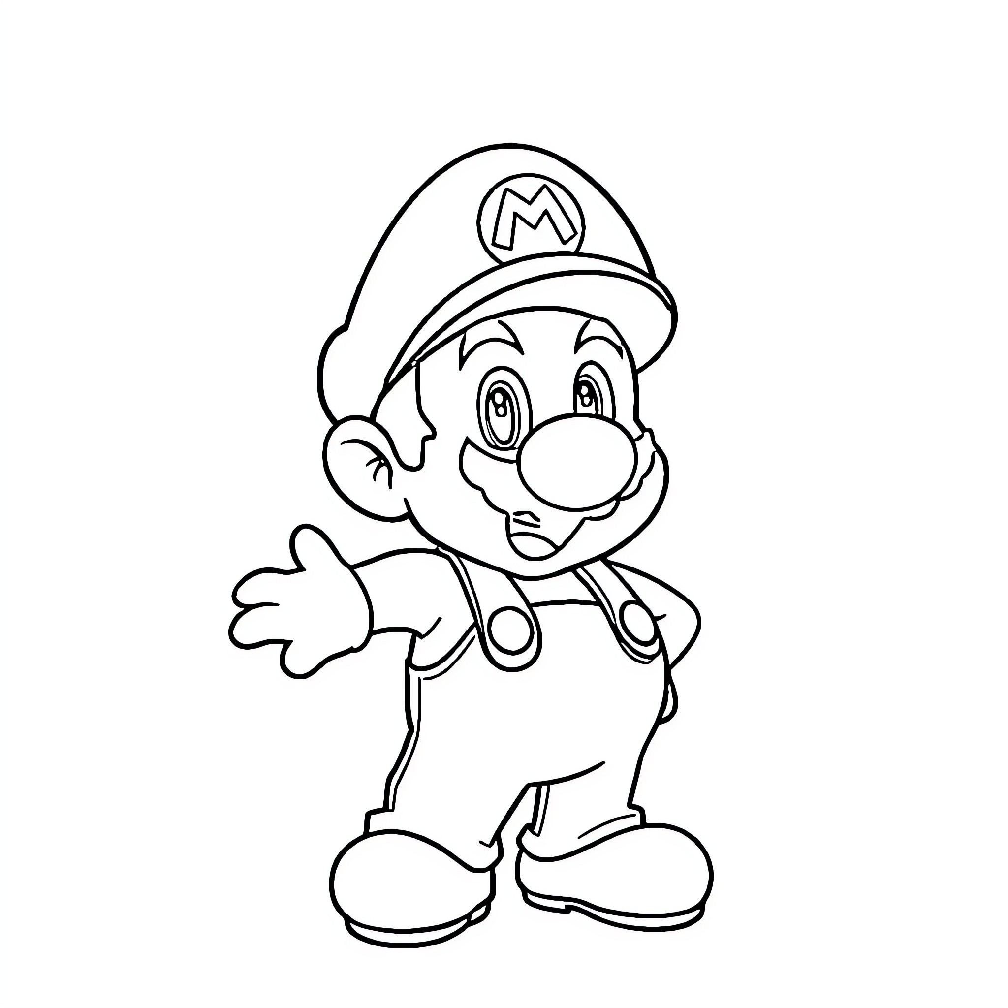Mario character in a playful pose Coloring Page (free black-and-white line drawing printable PDF for all, from beginners to advanced learners, including children, teens, adults, and seniors)
