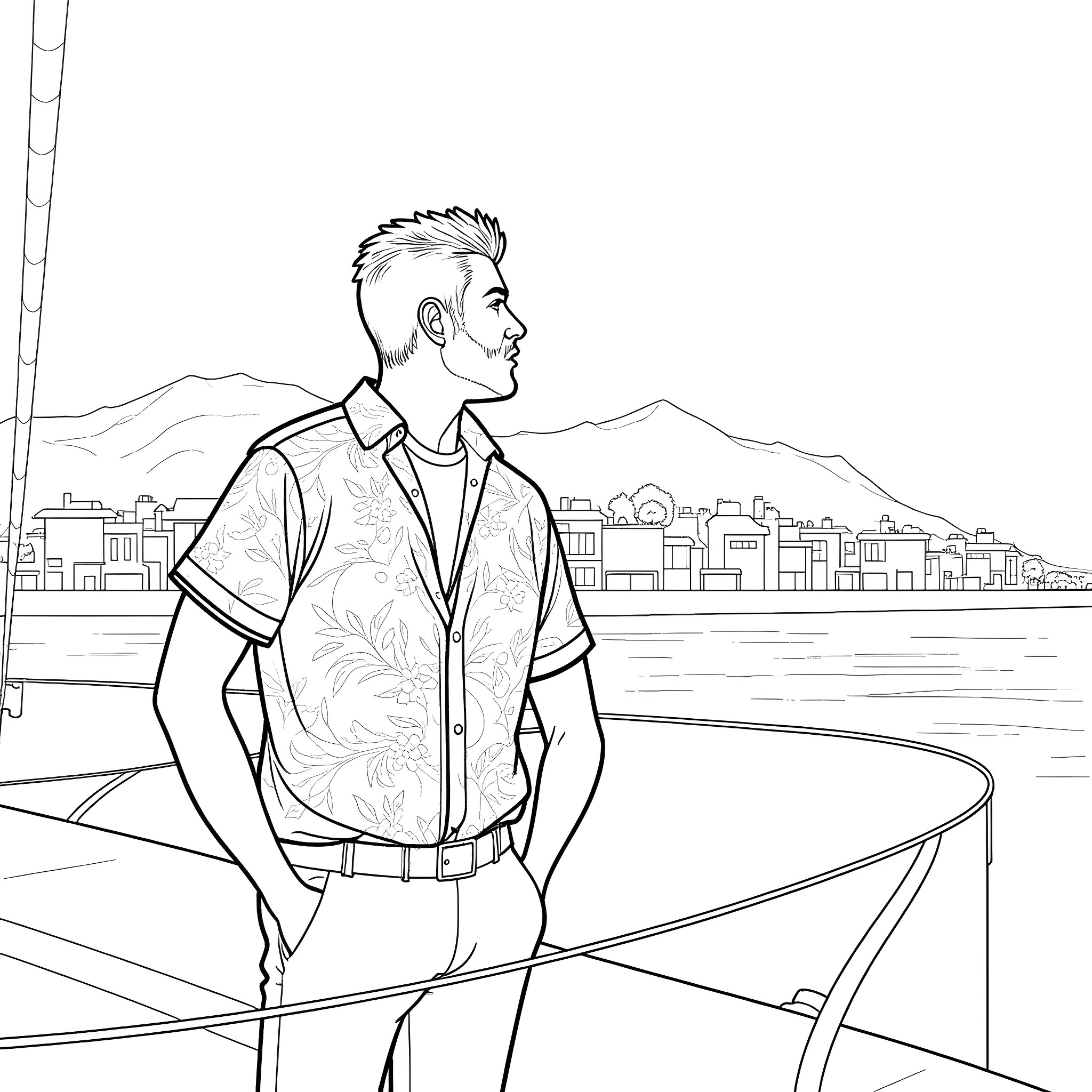 Man gazing at cityscape by the water Coloring Page (free black-and-white line drawing printable PDF for all, from beginners to advanced learners, including children, teens, adults, and seniors)