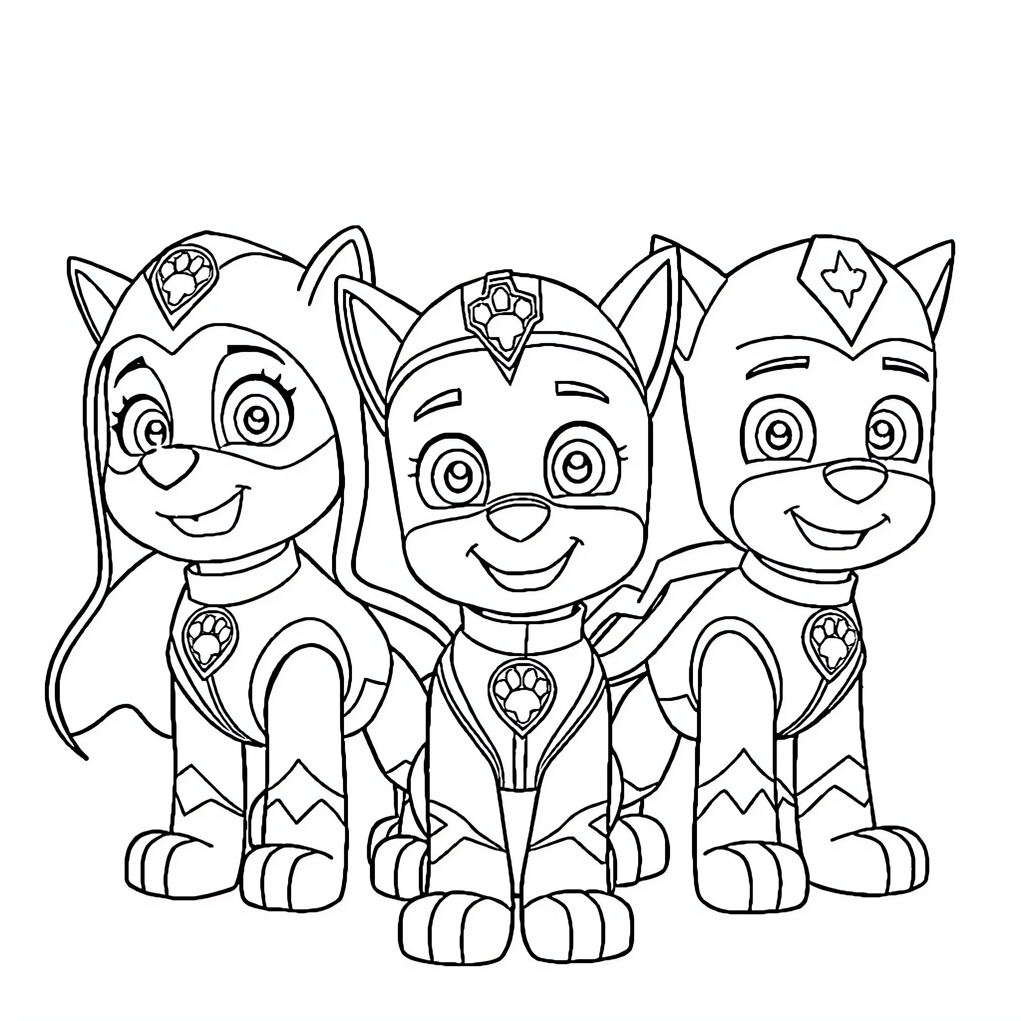 Paw Patrol Cartoon Characters in Action Coloring Page (free black-and-white line drawing printable PDF for all, from beginners to advanced learners, including children, teens, adults, and seniors)