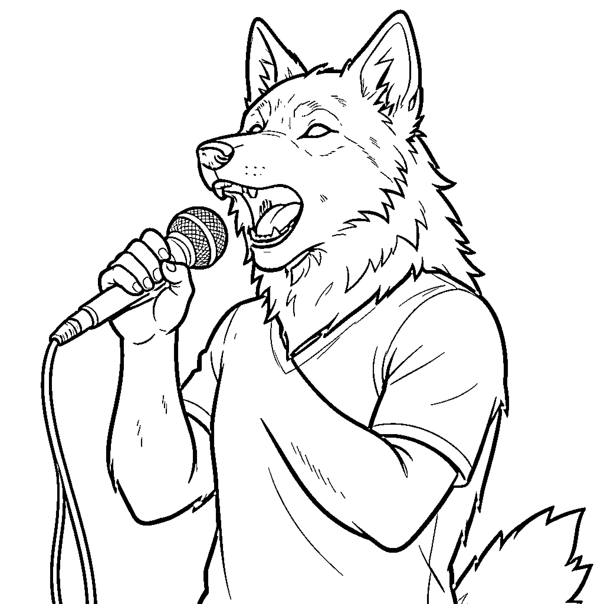 Wolf singing passionately into a microphone Coloring Page (free black-and-white line drawing printable PDF for all, from beginners to advanced learners, including children, teens, adults, and seniors)