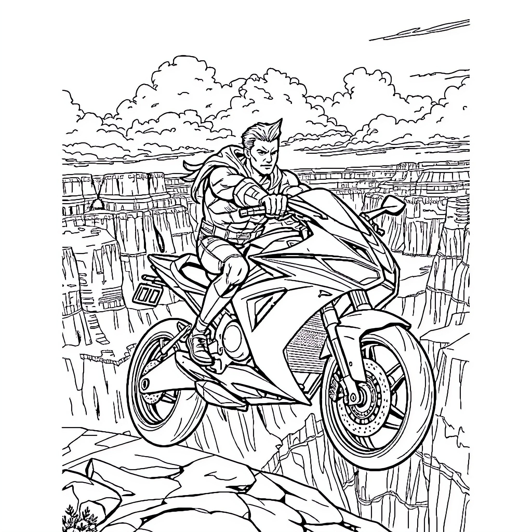 Aquaman riding a futuristic motorcycle in a desolate landscape Coloring Page (free black-and-white line drawing printable PDF for all, from beginners to advanced learners, including children, teens, adults, and seniors)