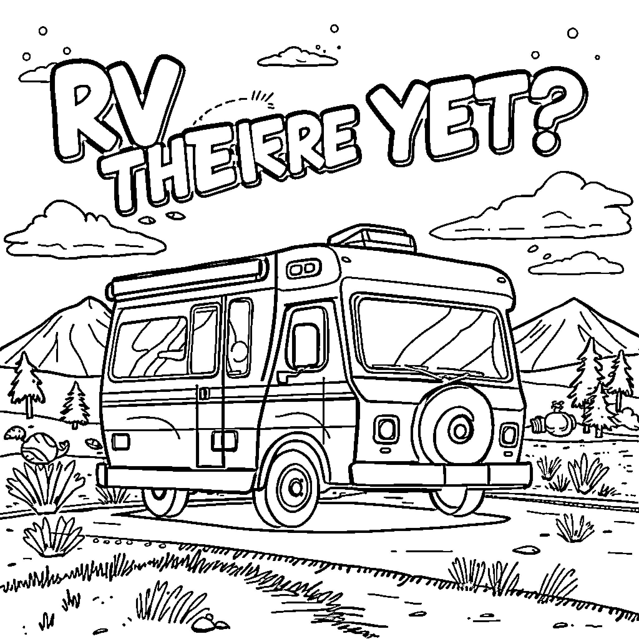 RV in the great outdoors Coloring Page (free black-and-white line drawing printable PDF for all, from beginners to advanced learners, including children, teens, adults, and seniors)