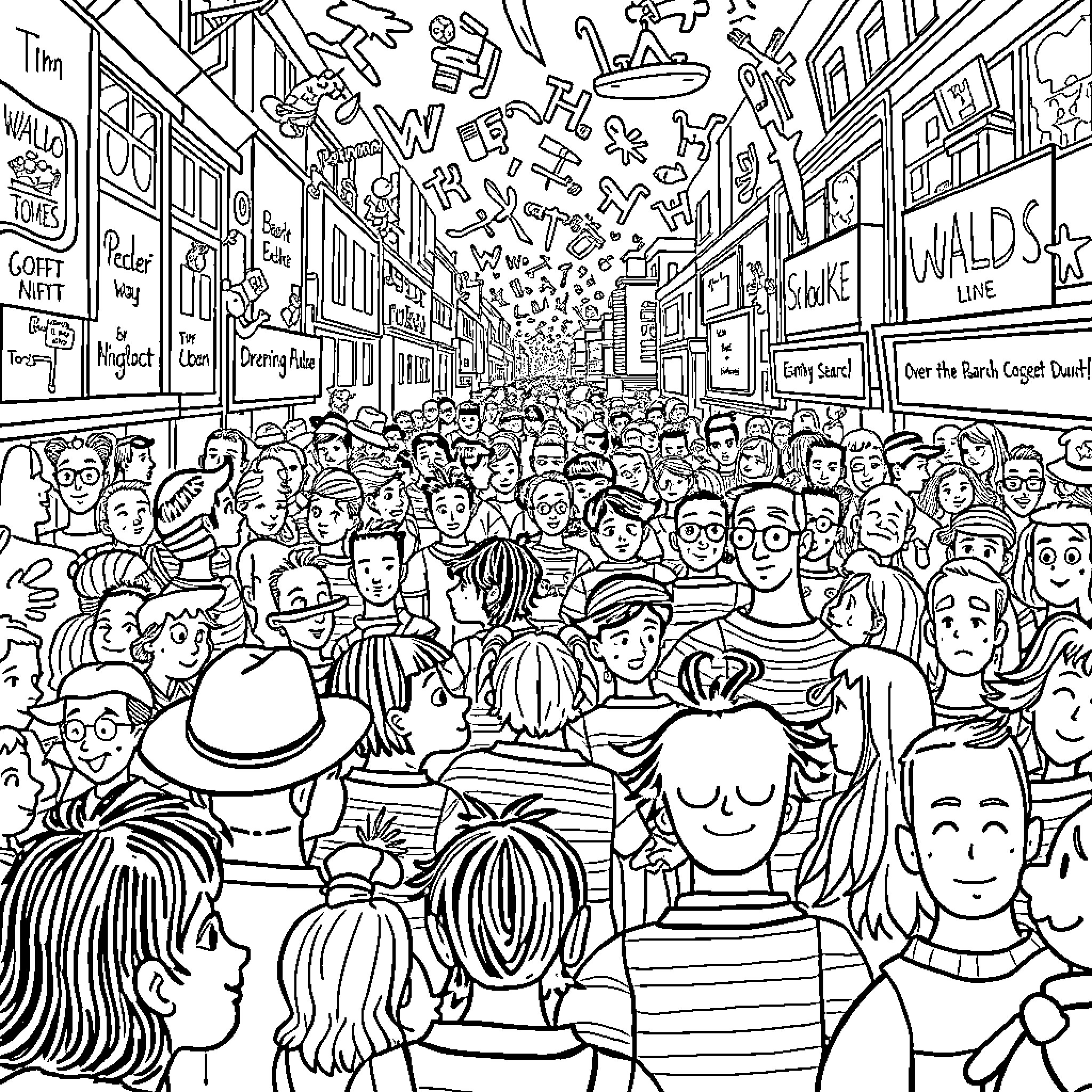 Waldo in the Crowded Marketplace Coloring Page (free black-and-white line drawing printable PDF for all, from beginners to advanced learners, including children, teens, adults, and seniors)