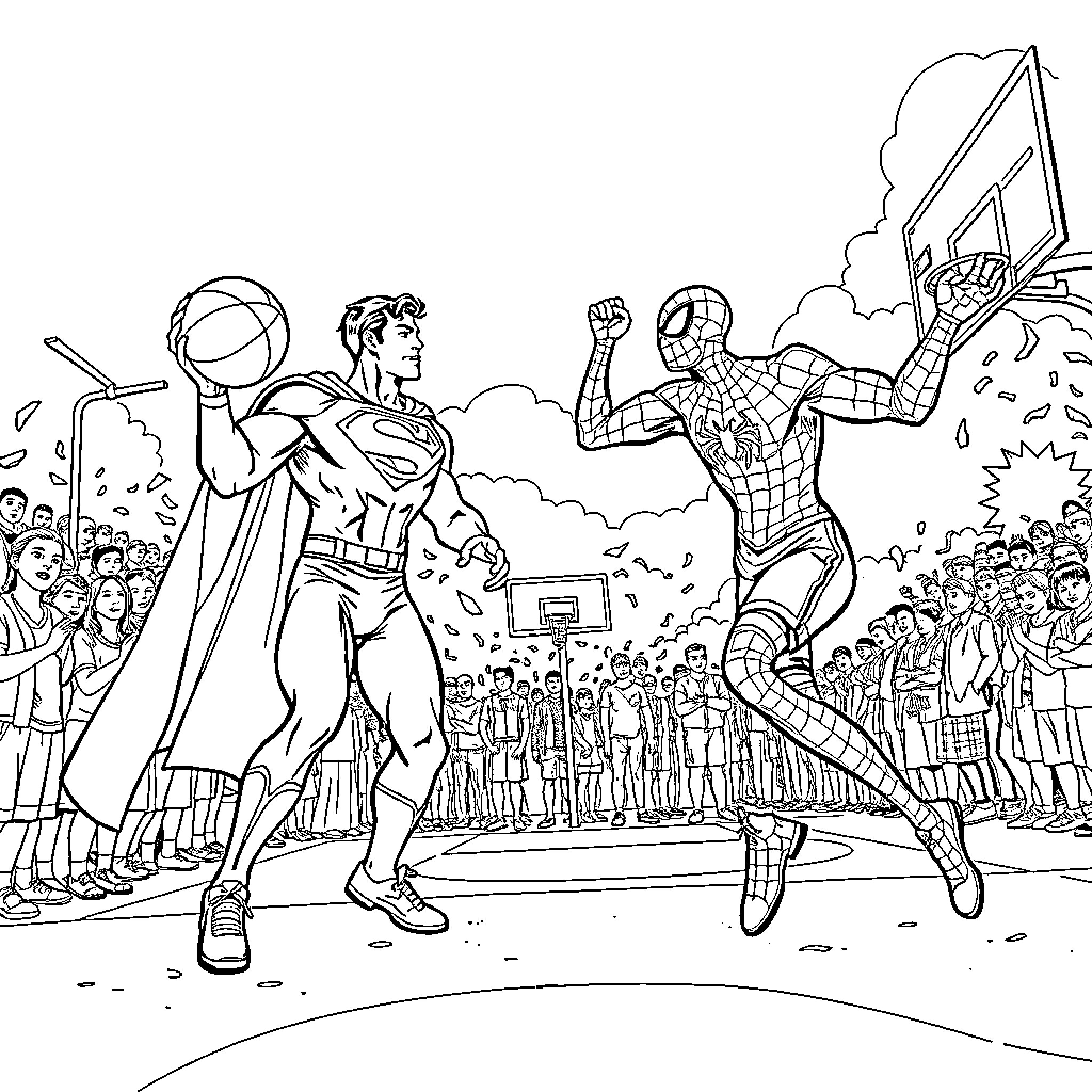 Superman battles an armored hero in front of a crowd Coloring Page (free black-and-white line drawing printable PDF for all, from beginners to advanced learners, including children, teens, adults, and seniors)