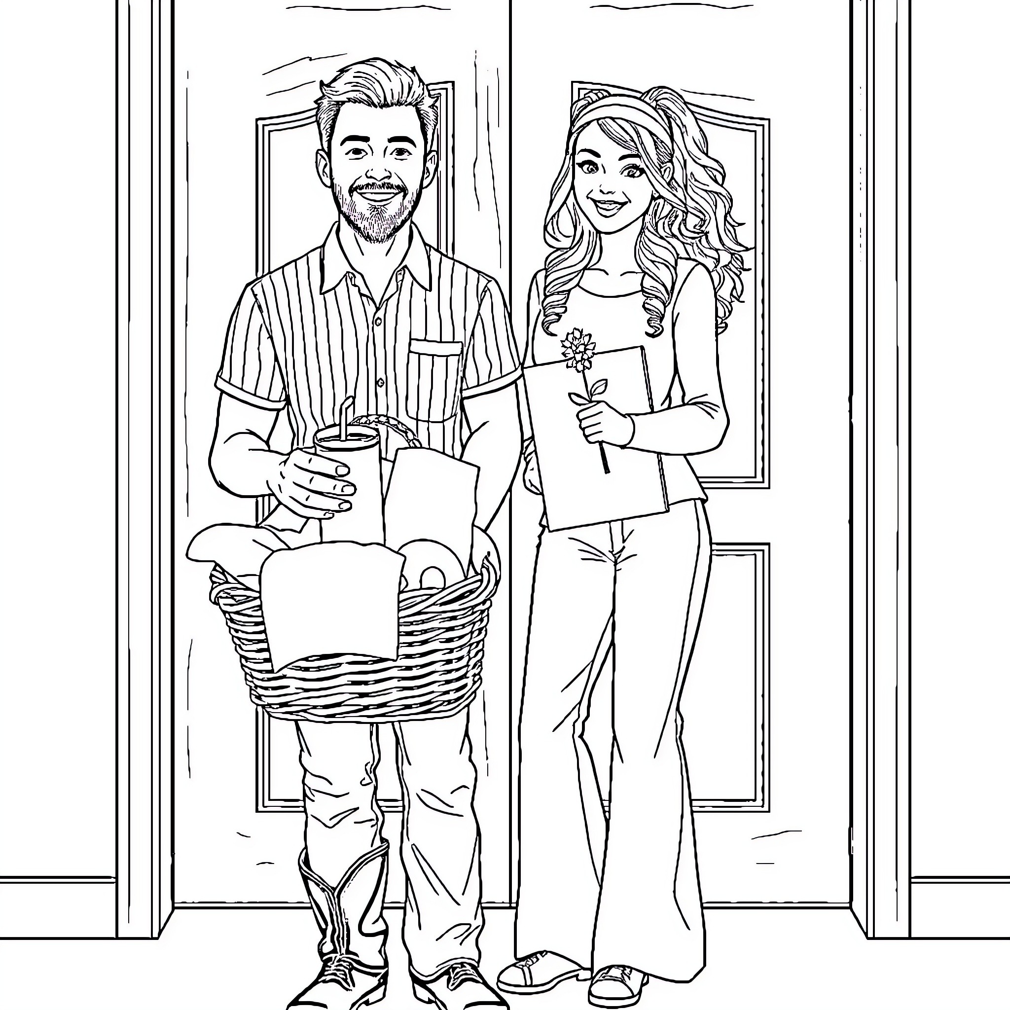 Couple sharing a romantic moment at home Coloring Page (free black-and-white line drawing printable PDF for all, from beginners to advanced learners, including children, teens, adults, and seniors)