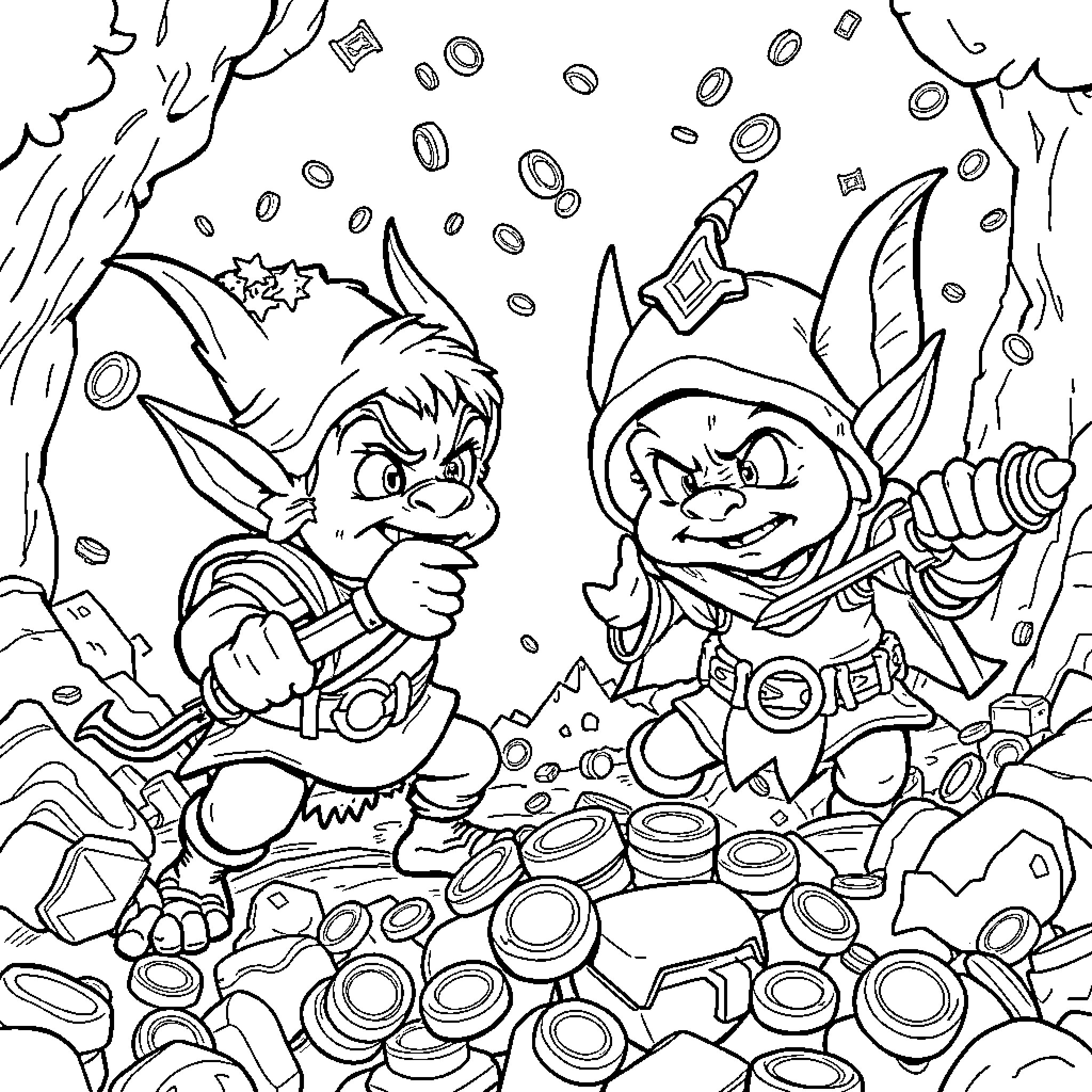 Nick Fuentes and companion in magical treasure trove Coloring Page (free black-and-white line drawing printable PDF for all, from beginners to advanced learners, including children, teens, adults, and seniors)