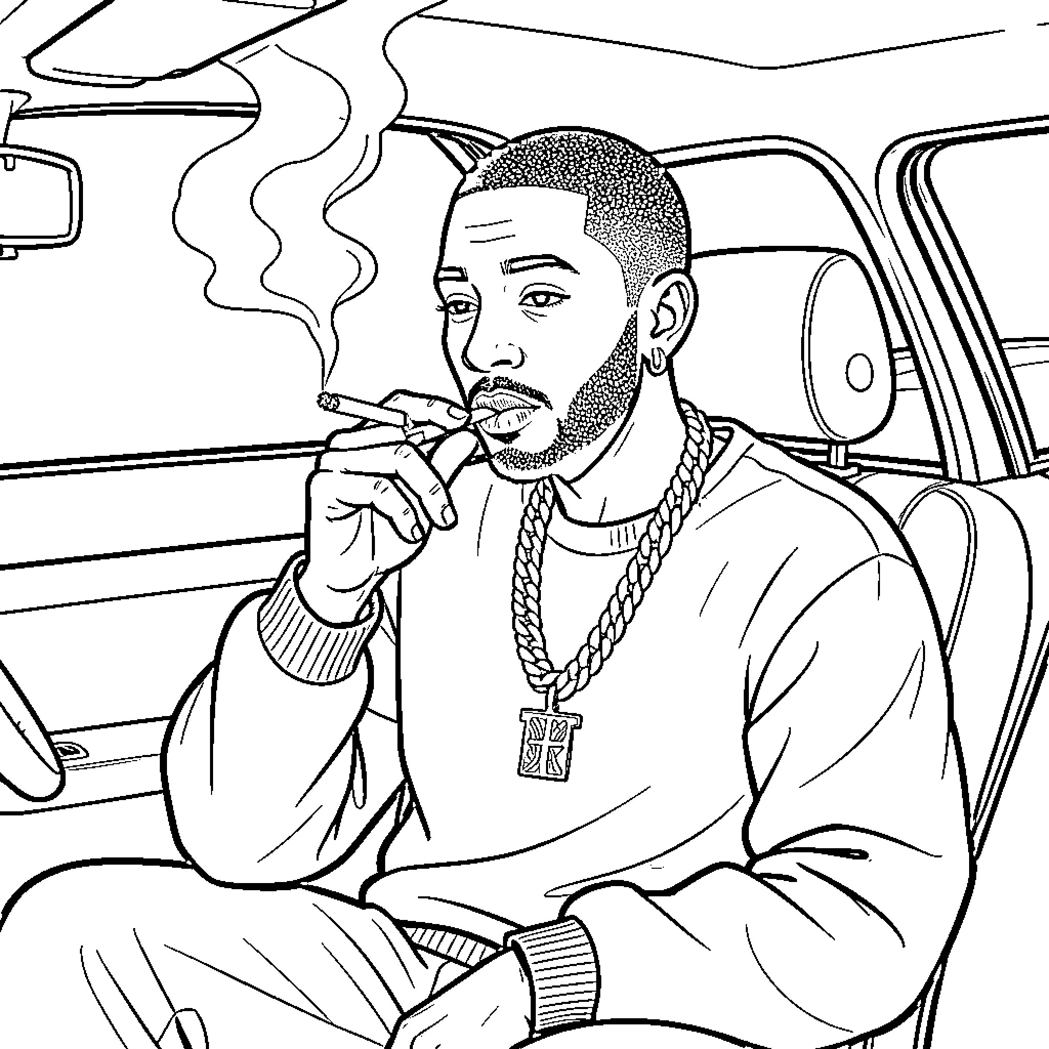 2pac Smoking Cigar in Car Contemplatively Coloring Page (free black-and-white line drawing printable PDF for all, from beginners to advanced learners, including children, teens, adults, and seniors)