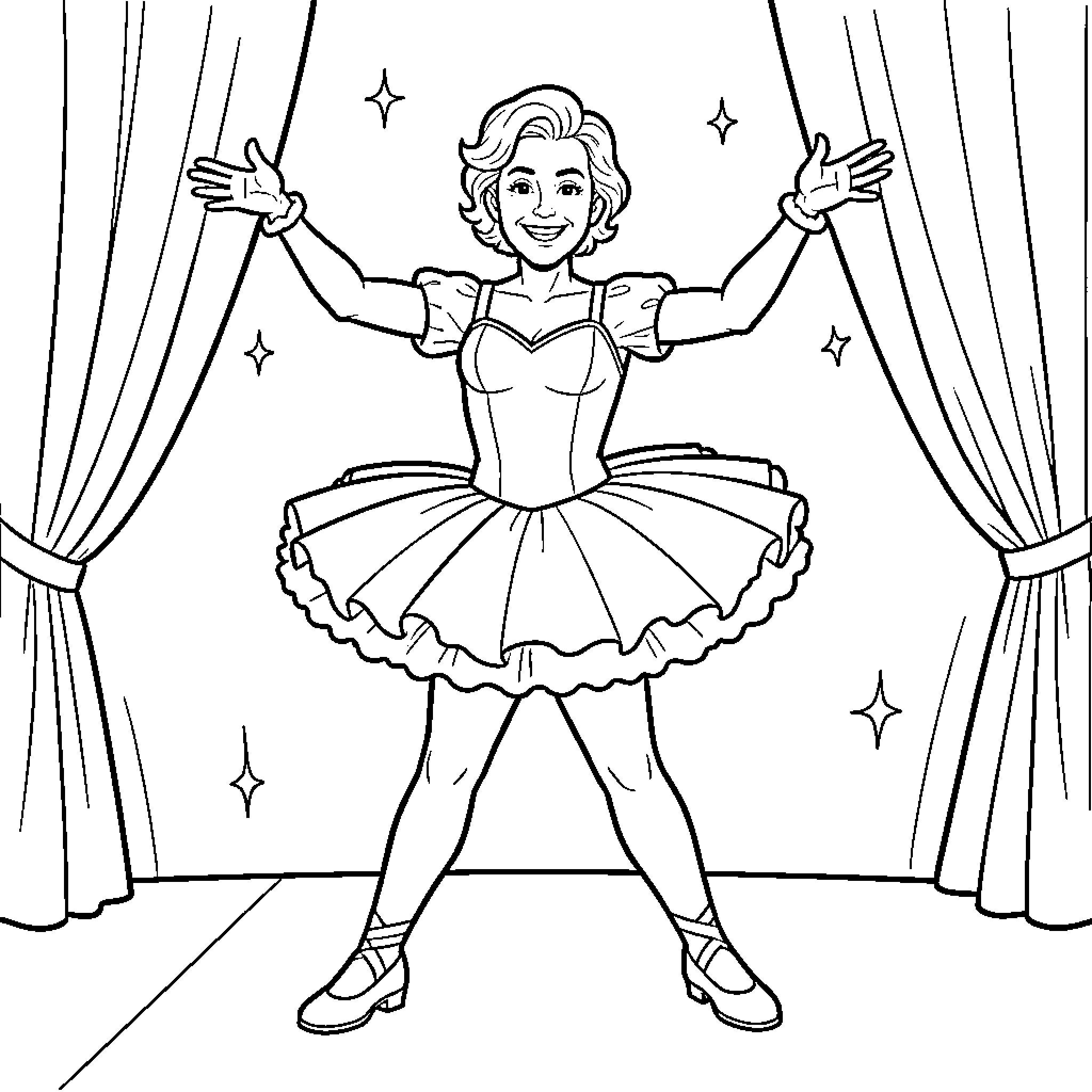 Michel Sardou presenting a ballerina performing on stage Coloring Page (free black-and-white line drawing printable PDF for all, from beginners to advanced learners, including children, teens, adults, and seniors)