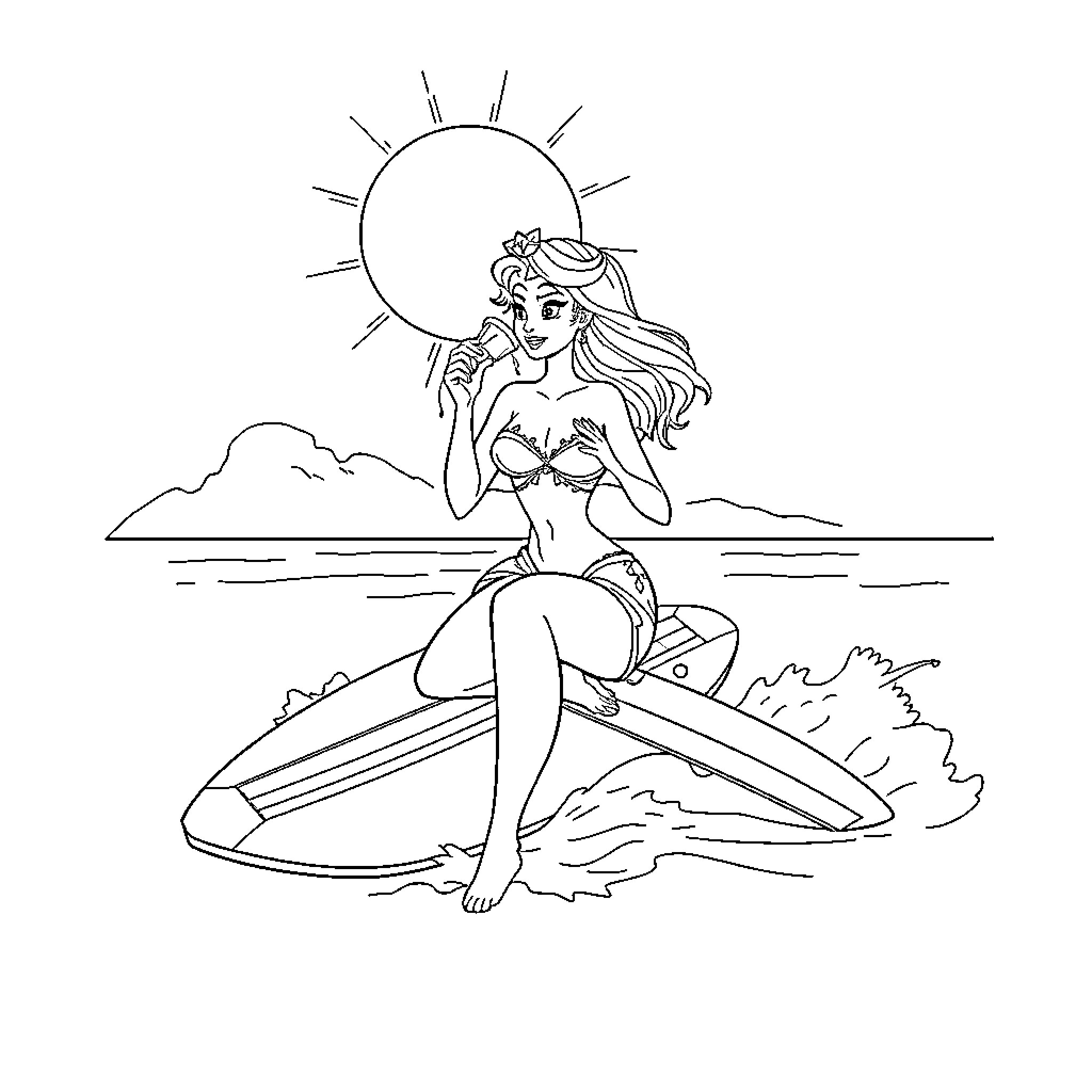 Princess enjoying a sunny day by the sea Coloring Page (free black-and-white line drawing printable PDF for all, from beginners to advanced learners, including children, teens, adults, and seniors)