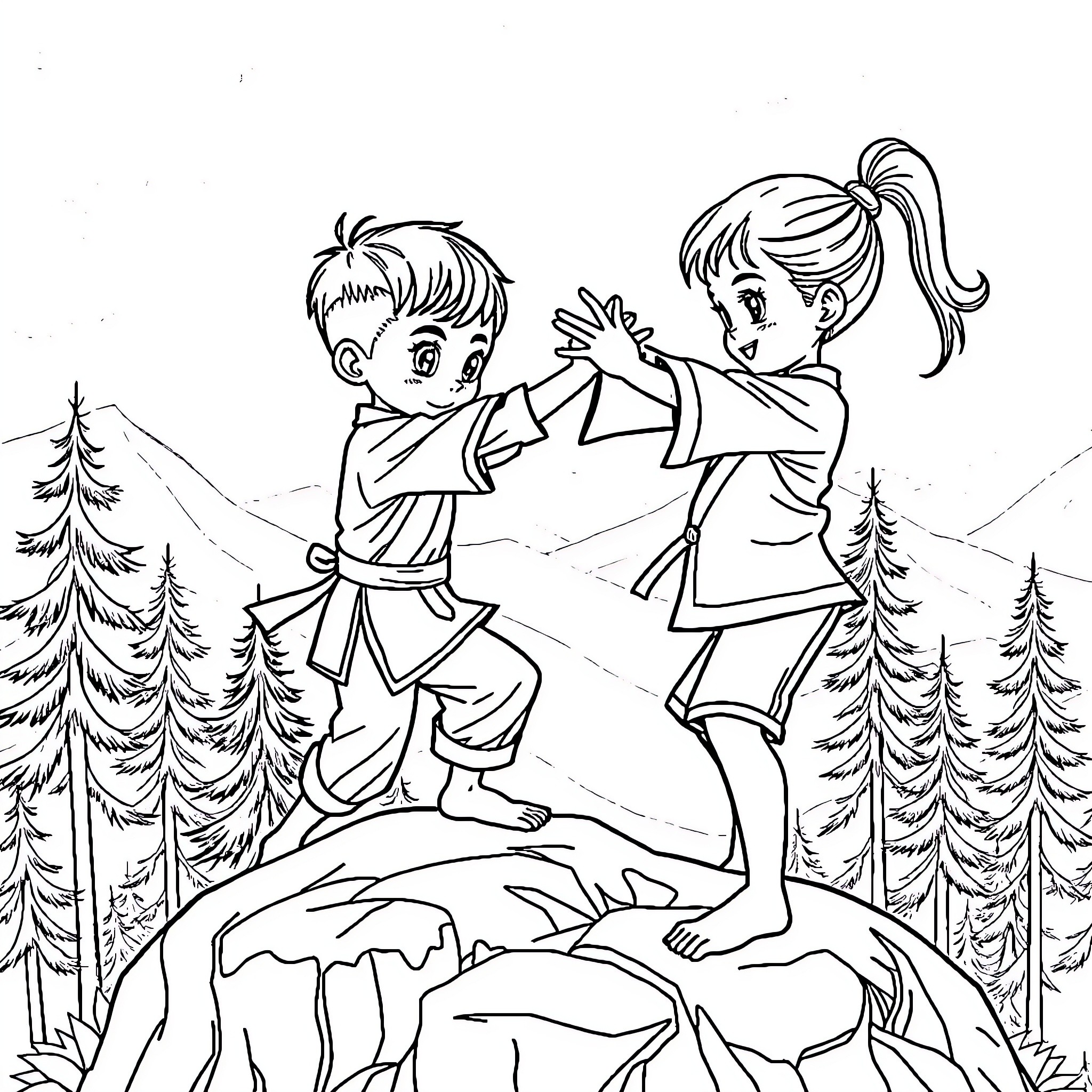 Kid martial artists training outdoors in nature Coloring Page (free black-and-white line drawing printable PDF for all, from beginners to advanced learners, including children, teens, adults, and seniors)