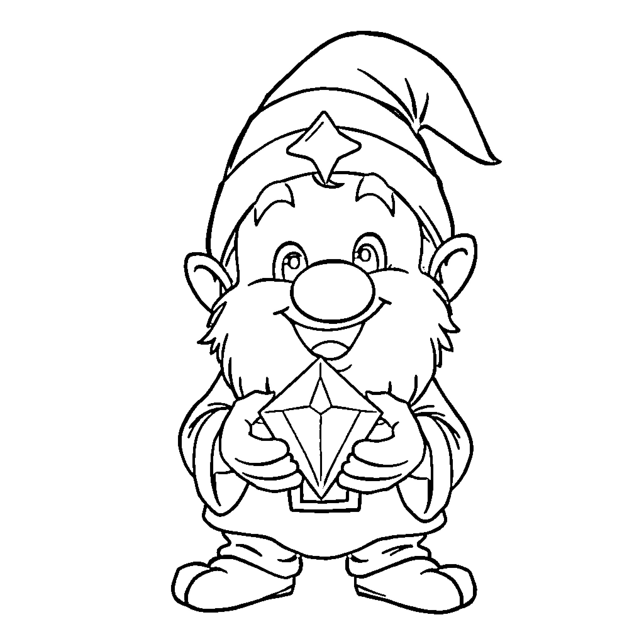 Dwarf holding a crystal in a playful pose Coloring Page (free black-and-white line drawing printable PDF for all, from beginners to advanced learners, including children, teens, adults, and seniors)