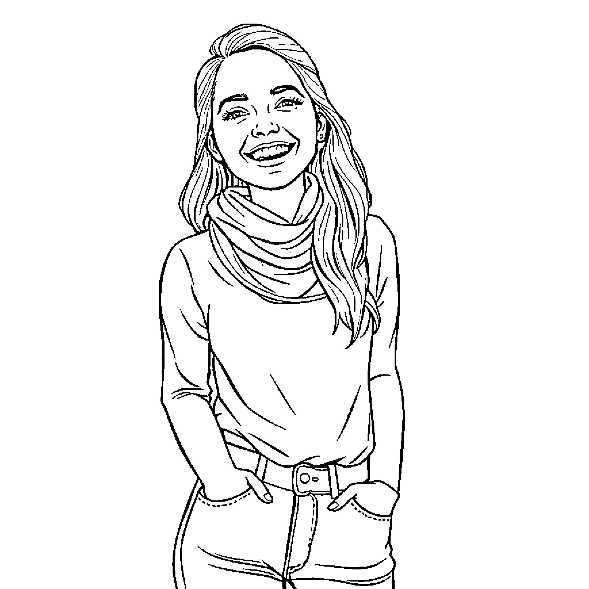 Me Smiling Joyfully in Winter Outfit Coloring Page (free black-and-white line drawing printable PDF for all, from beginners to advanced learners, including children, teens, adults, and seniors)