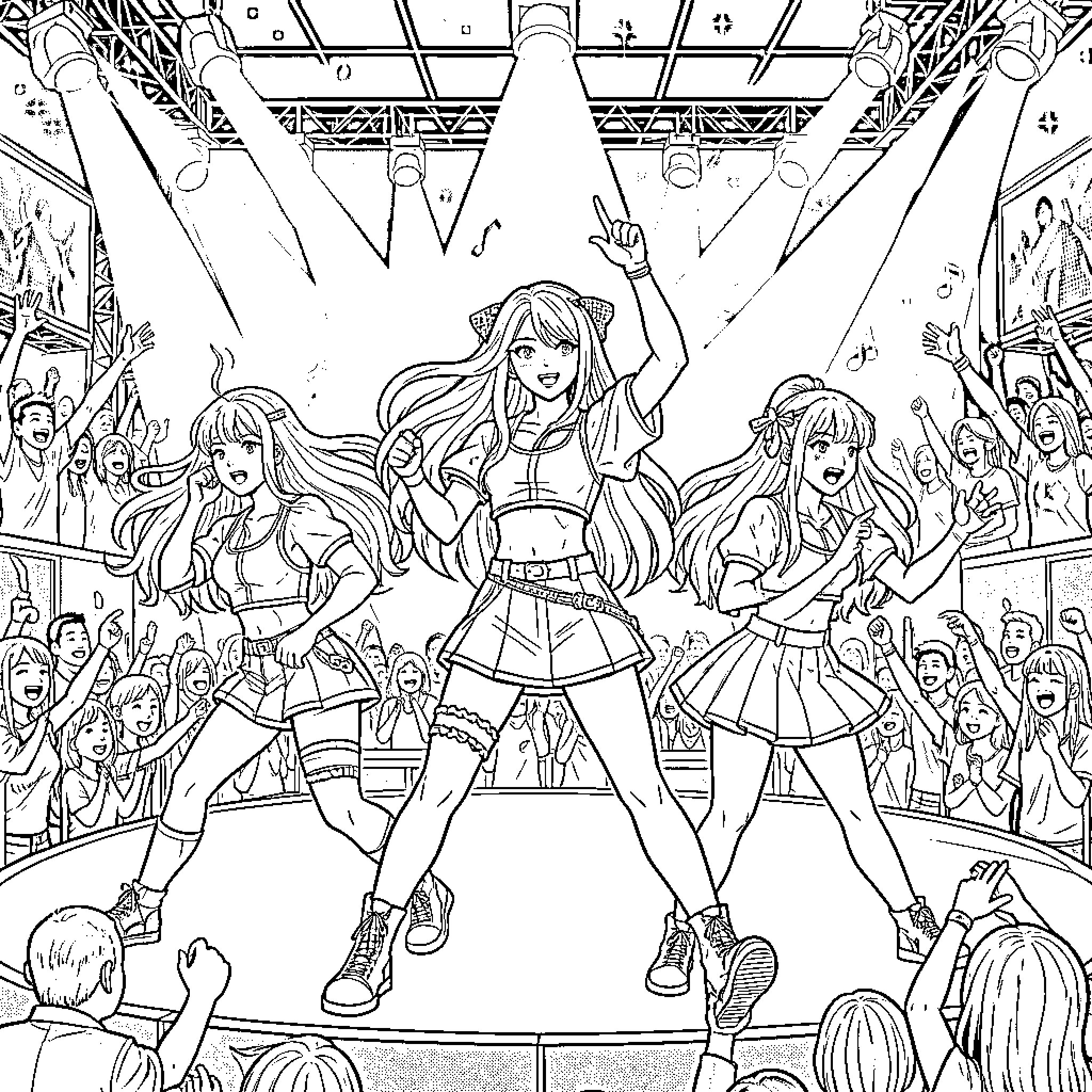 Kpop Warriors Performing on Stage with Crowd Coloring Page (free black-and-white line drawing printable PDF for all, from beginners to advanced learners, including children, teens, adults, and seniors)