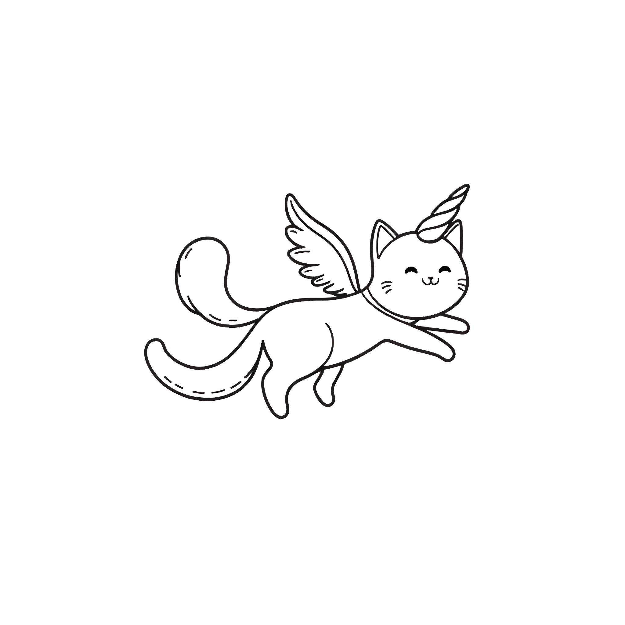Flying Cat with Unicorn Wings Coloring Page (free black-and-white line drawing printable PDF for all, from beginners to advanced learners, including children, teens, adults, and seniors)